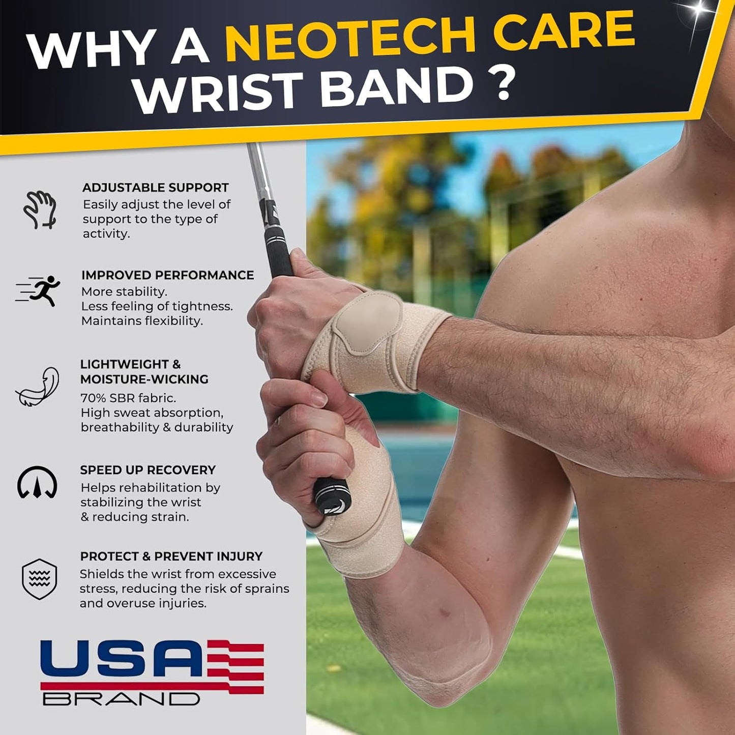 NeoTech Care Wrist Band - Elastic & Breathable Fabric - Adjustable Compression Strap - Men, Women, Right or Left - Support Wrap for Protection or Sports (Beige Color, Size S, 1 Unit)