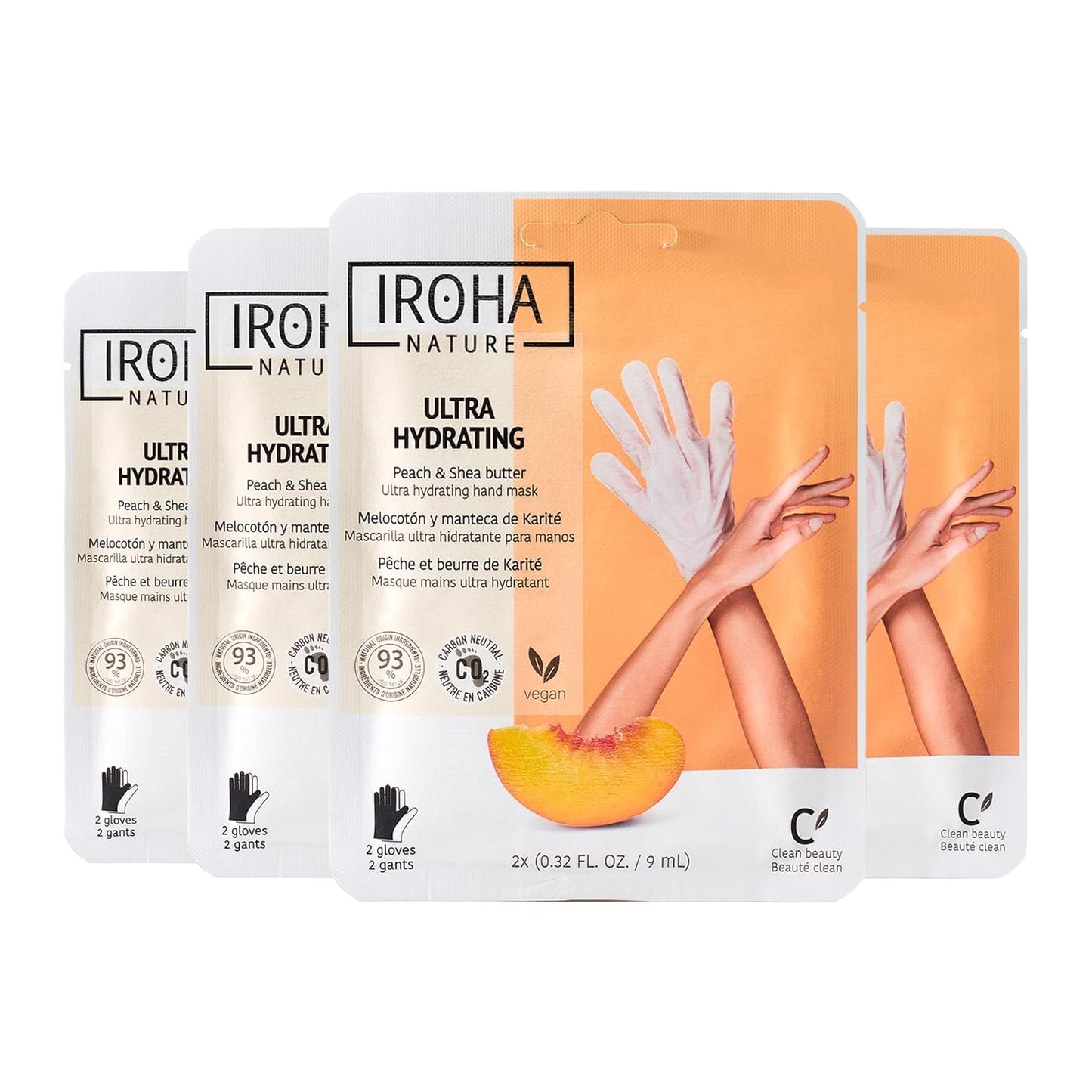 IROHA NATURE Repairing Hand Mask Gloves | 4 Pairs | Peach & Shea Butter | Hydration & Repair for Damaged & Cracked Hands | Vegan & 93% Natural Ingredients