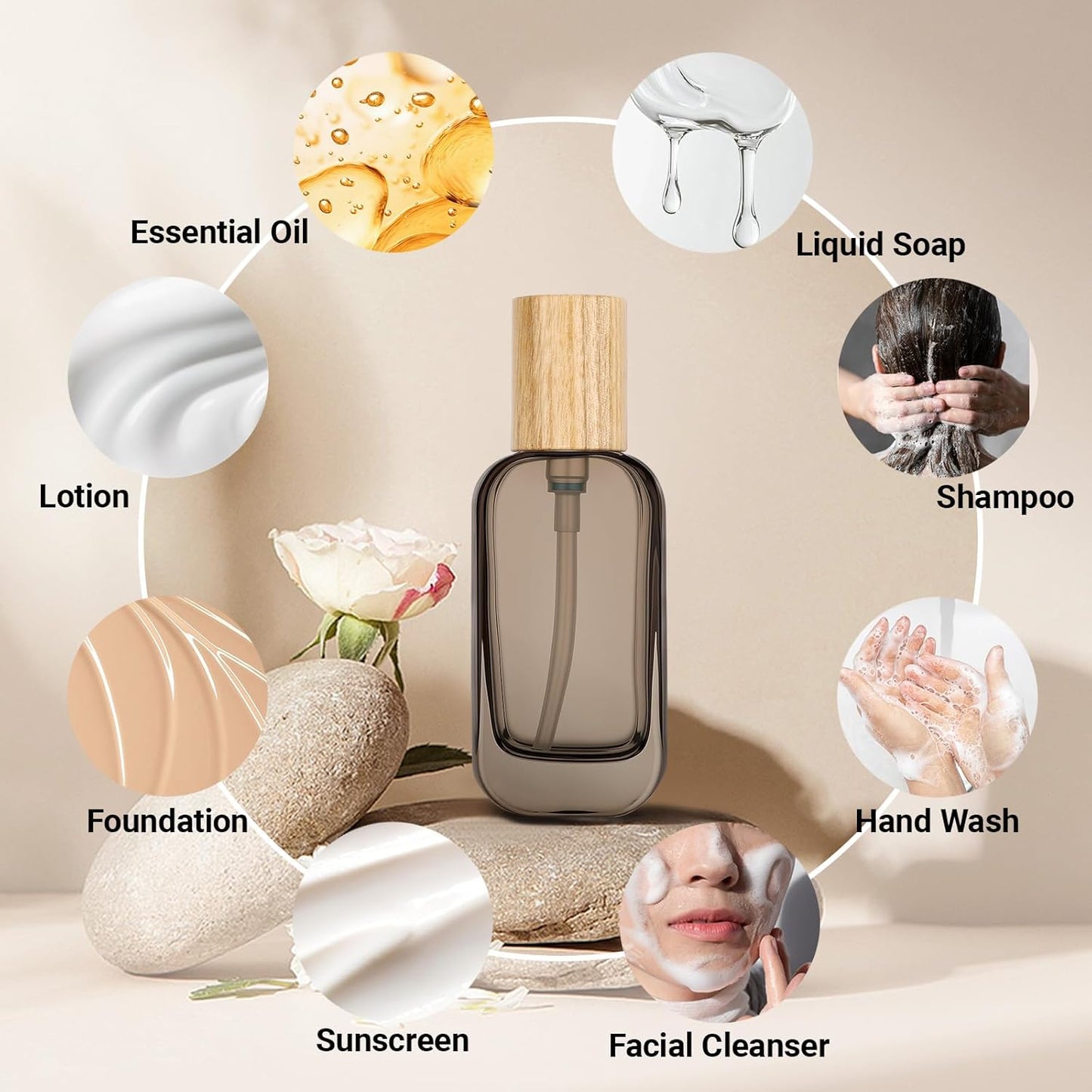 Segbeauty 1.7oz Travel Glass Pump Bottle for Lotion, 4pcs Glass Travel Bottles for Toiletries, 50ml Black Foundation Container for Liquids, Large Sample Bottles Dispenser for Creams Essential Oils