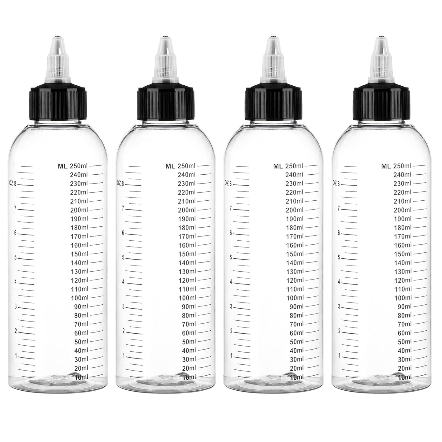 Segbeauty 8.5oz Twist Top Applicator Bottle, 4pcs 250ml Measured Hair Dye Bottles, Clear Empty Hair Oil Bottle with Ratio Graduated Scale, Hair Color Squeeze Bottle Application Bottles for Hair Dyeing