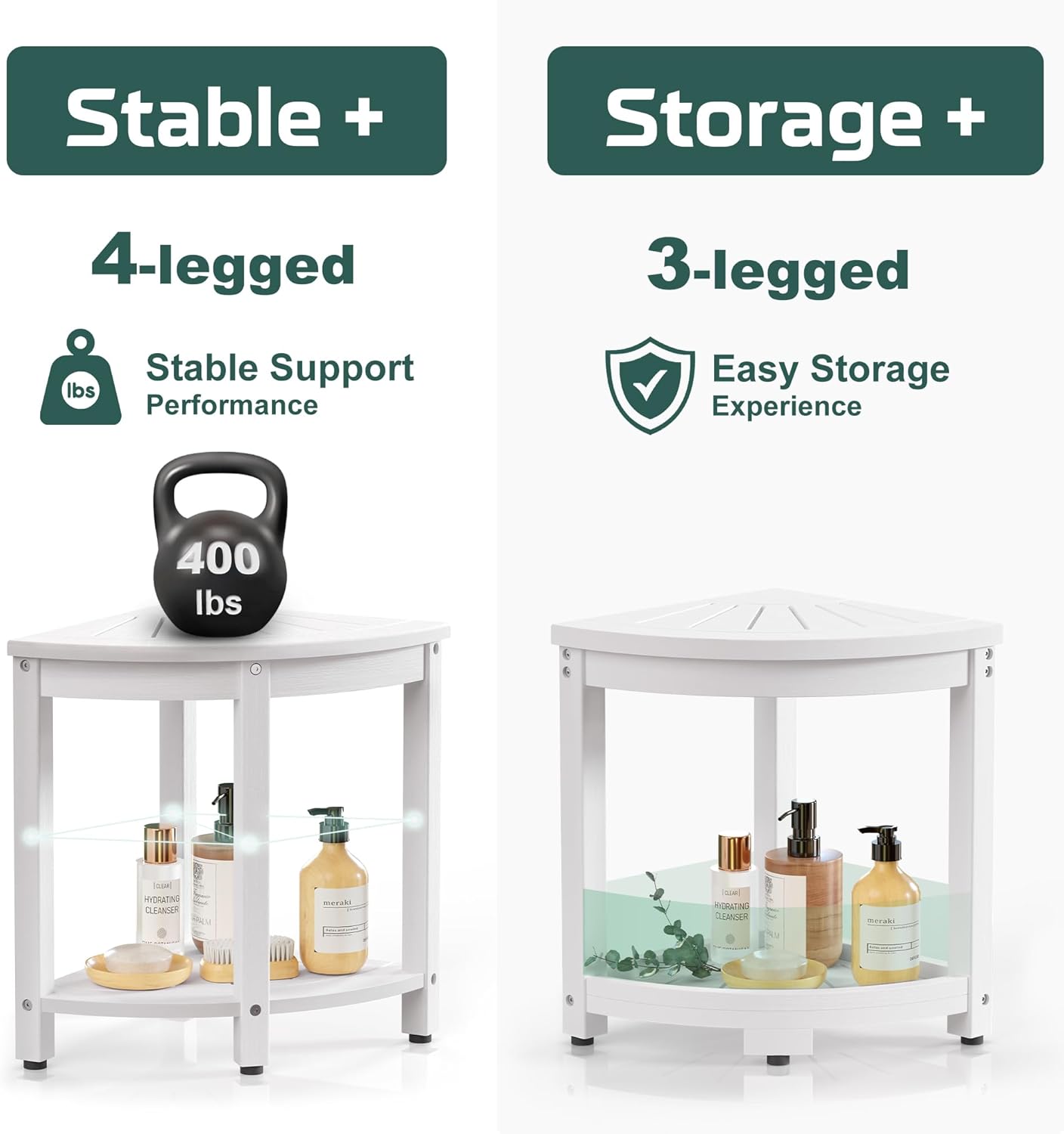 Corner Shower Stool for Inside Shower, HIPS Waterproof Shower Bench Seat Chair, Plastic Bath Shower Stool for Shaving Legs Foot Rest with Storage Shelf, Adjustable & Non-Slip Feet, White