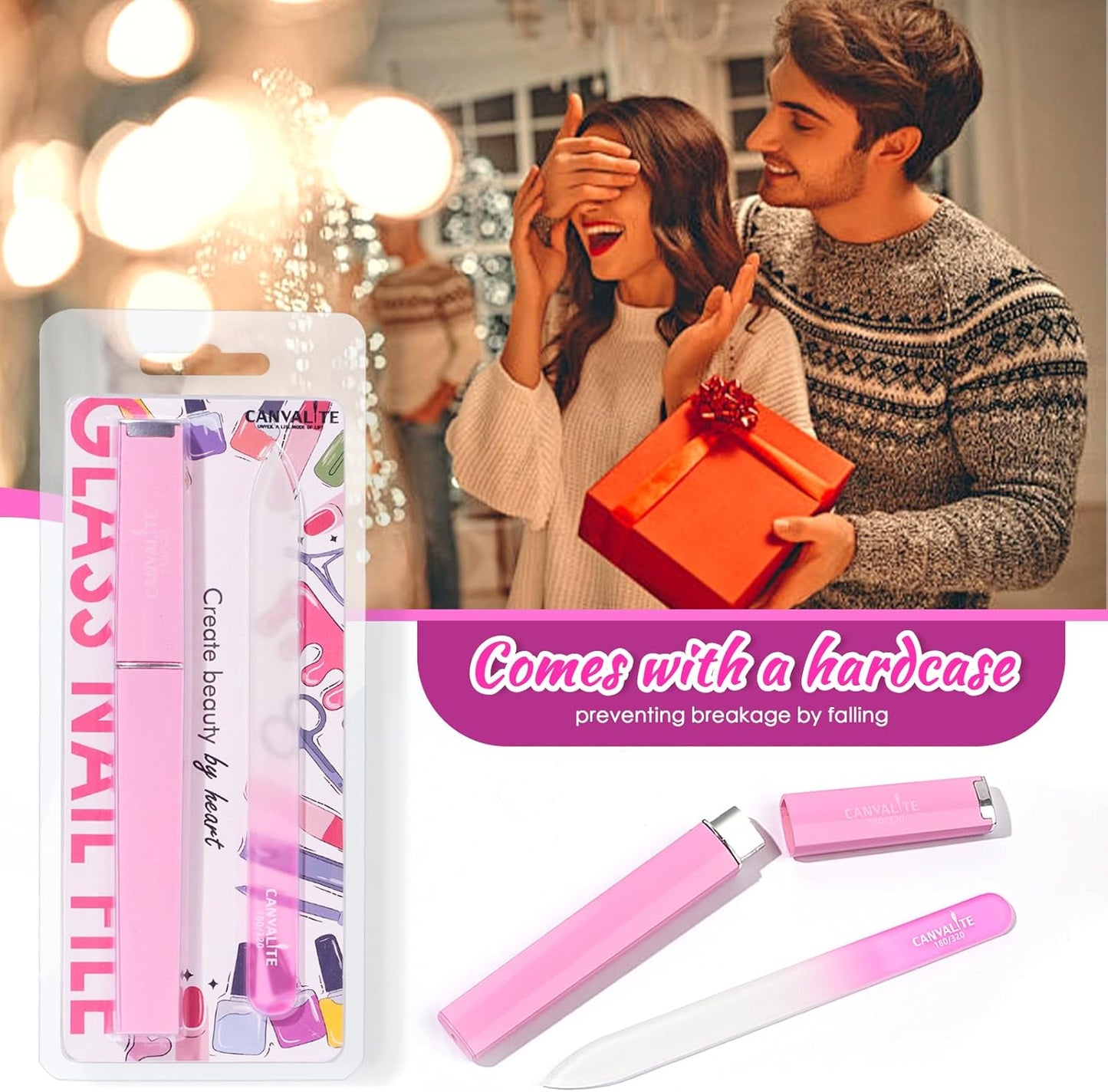 CANVALITE Glass Nail Files for Natural Nails Glass Fingernail File with Case Double Sided 180/320 Grit Stocking Stuffers for Women Girls, Pink