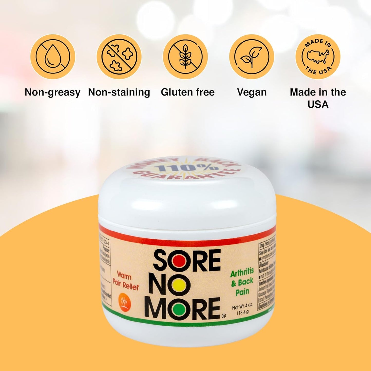 Sore No More Warm Arthritis Pain Relief Cream – Targeted Reliever for Back, Neck, Hands & Feet – Soothing & Fast-Acting Formula for Aches and Pains – Non-Greasy with Orange Aroma – 4 oz