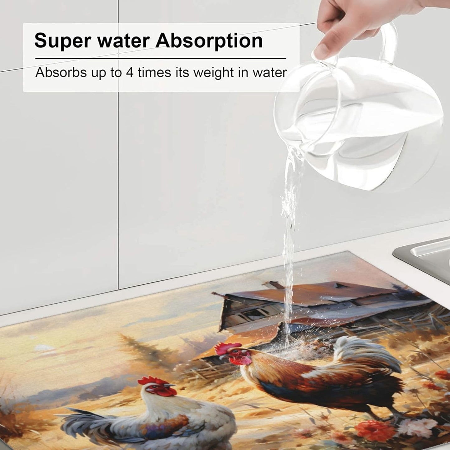 Farm Chicken Dish Drying Mat for Kitchen Counter Absorbent Dish Drying Pad Microfiber Countertop Protector Mat Reusable Dish Drainer Rack Mats Kitchen Accessories 18x24Inch