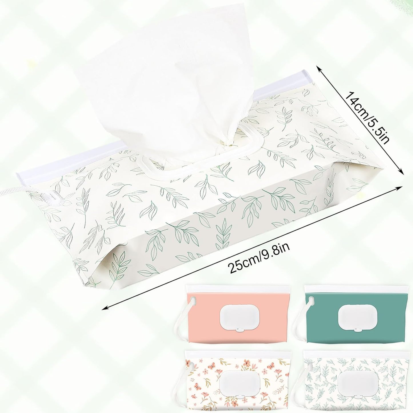 FEBSNOW 4 Pack Baby Wipes Dispenser Holder, Portable Refillable Baby Wet Wipes Pouch Container Reusable Travel Case for Outdoor Hiking, Green Leaves