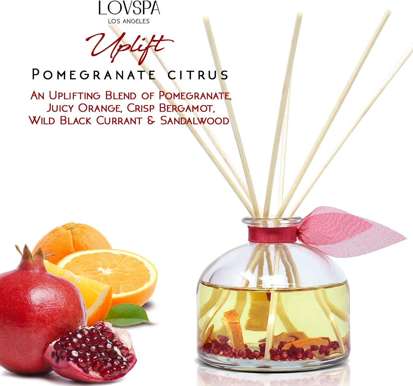 LOVSPA Reed Diffuser Set, Uplift Pomegranate Citrus Scented Oil Diffuser with Sticks, Home Fragrance Accessories for Bathroom Shelf Decor, Aroma Diffusers for Home or Office Desk, USA Made