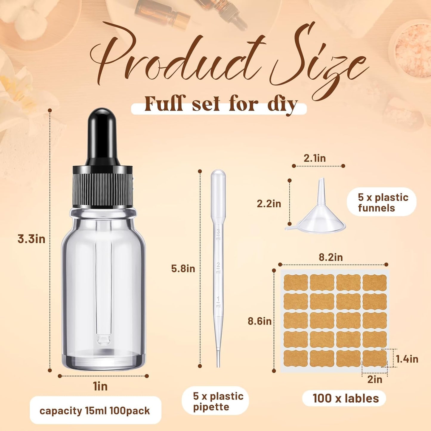 Lallisa 100 Pack Essential Oil Dropper Bottle 15 ml (1/2 Oz) Glass Dropper Bottles DIY for DIY Essential Oil Perfume with 5 Funnels 5 Pipettes 3ml 100 Labels for Bathrooms, Hotels, Labs (Clear)