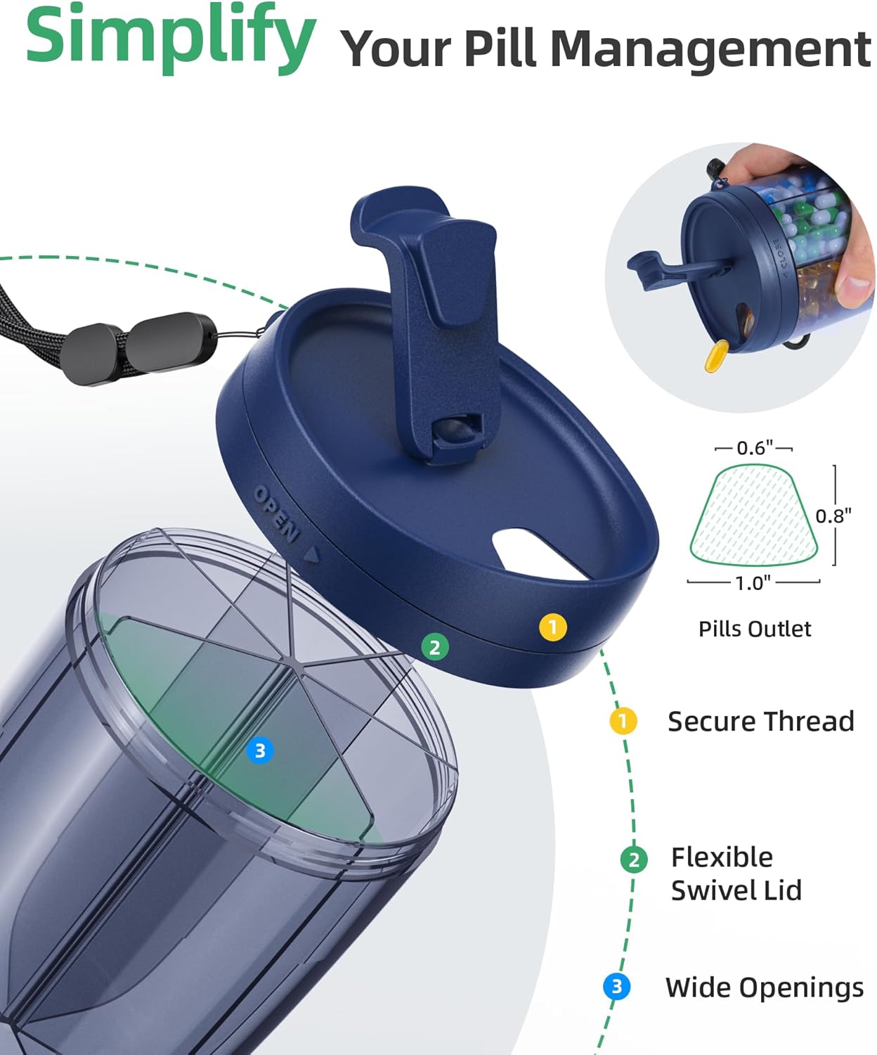 PULIV Large Pill Bottle Organizer, Supplement Organizer for Holding 6 Various Vitamins, Pill Box with Anti-Mixing & Wide Opening Design, Easy to Retrieve Meds and 20 Pcs Stick-on Labels, Business Blue