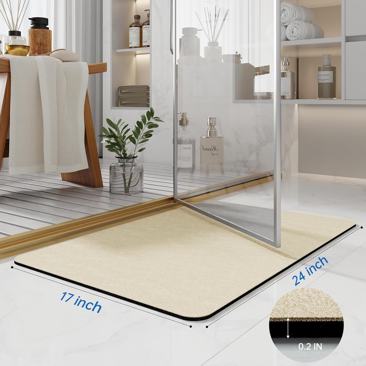 Bath Mat Rugs 24x17 - Diatomaceous Earth Bath Mat Quick Dry Absorbing Bathroom Rugs Rubber Non Slip Thin Bathroom Mat Fit Under Door, Bath Mats for Bathroom Floor, Tub and Shower, Sink, Beige