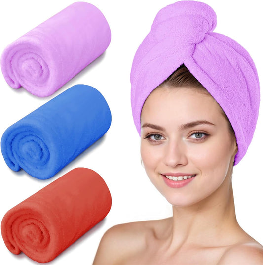 3 Pack Microfiber Hair Dring Towel Wrap for Women,Fast Drying Hair Turban, for All Hair Style Anti Frizz, Large Hair Towel with Button(Red,Bule,Purple)