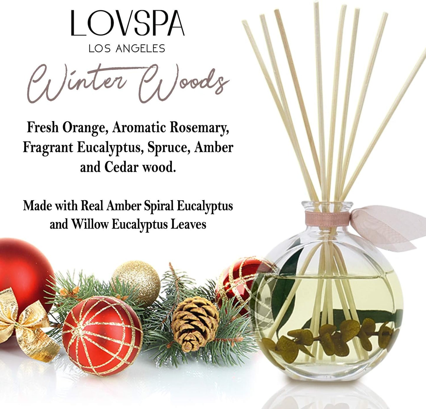 LOVSPA Reed Diffuser Set, Winter Woods Scented Oil Diffuser with Sticks, Home Fragrance Accessories for Bathroom Shelf Decor, Aroma Diffusers for Home or Office Desk, USA Made