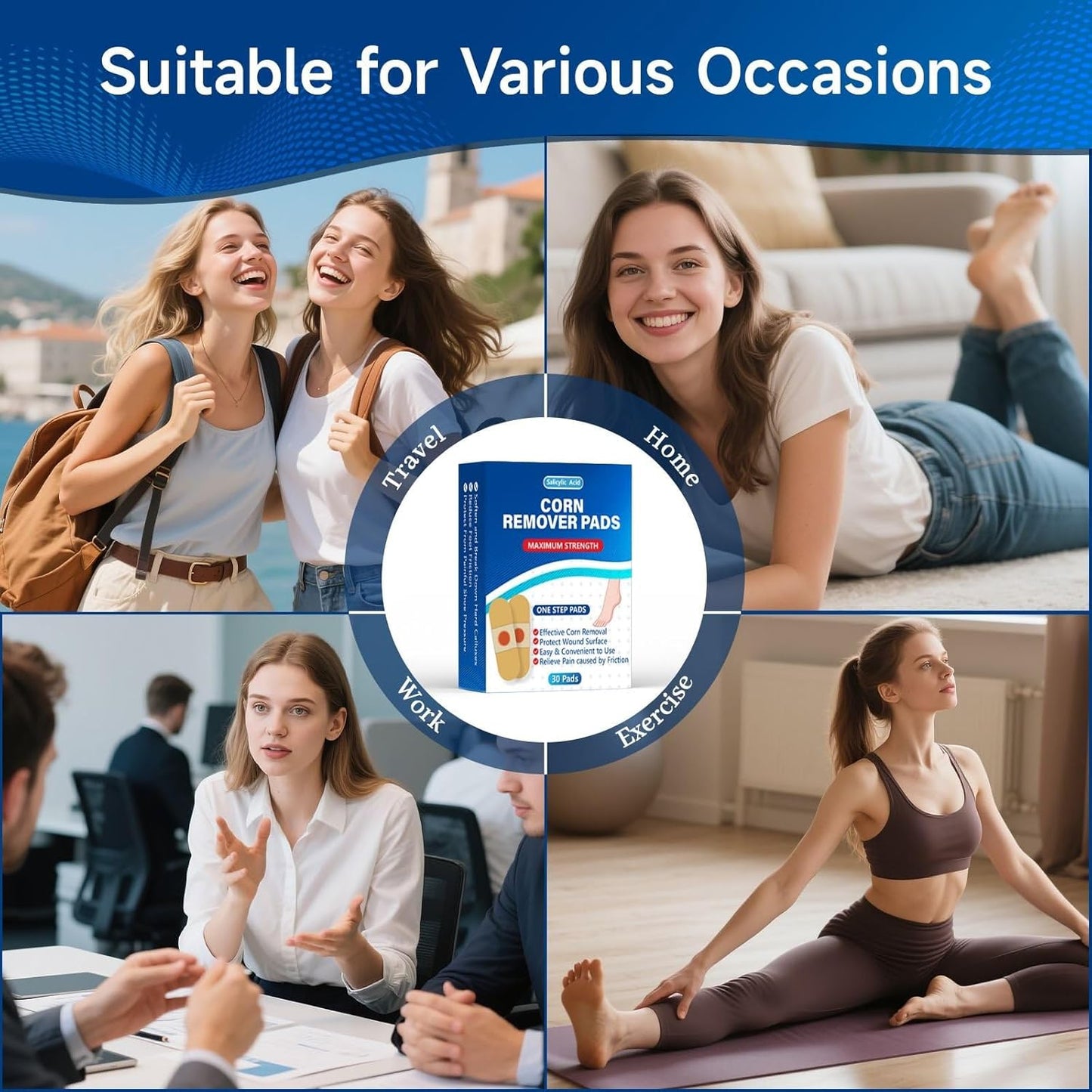 QIYANA Maximum Strength Corn Removers Pads for Feet & Toes - 40% Salicylic Acid Medicated Patches, Breathable All-Day Wear, Fast-Acting Hard Skin Treatment (30 Count)