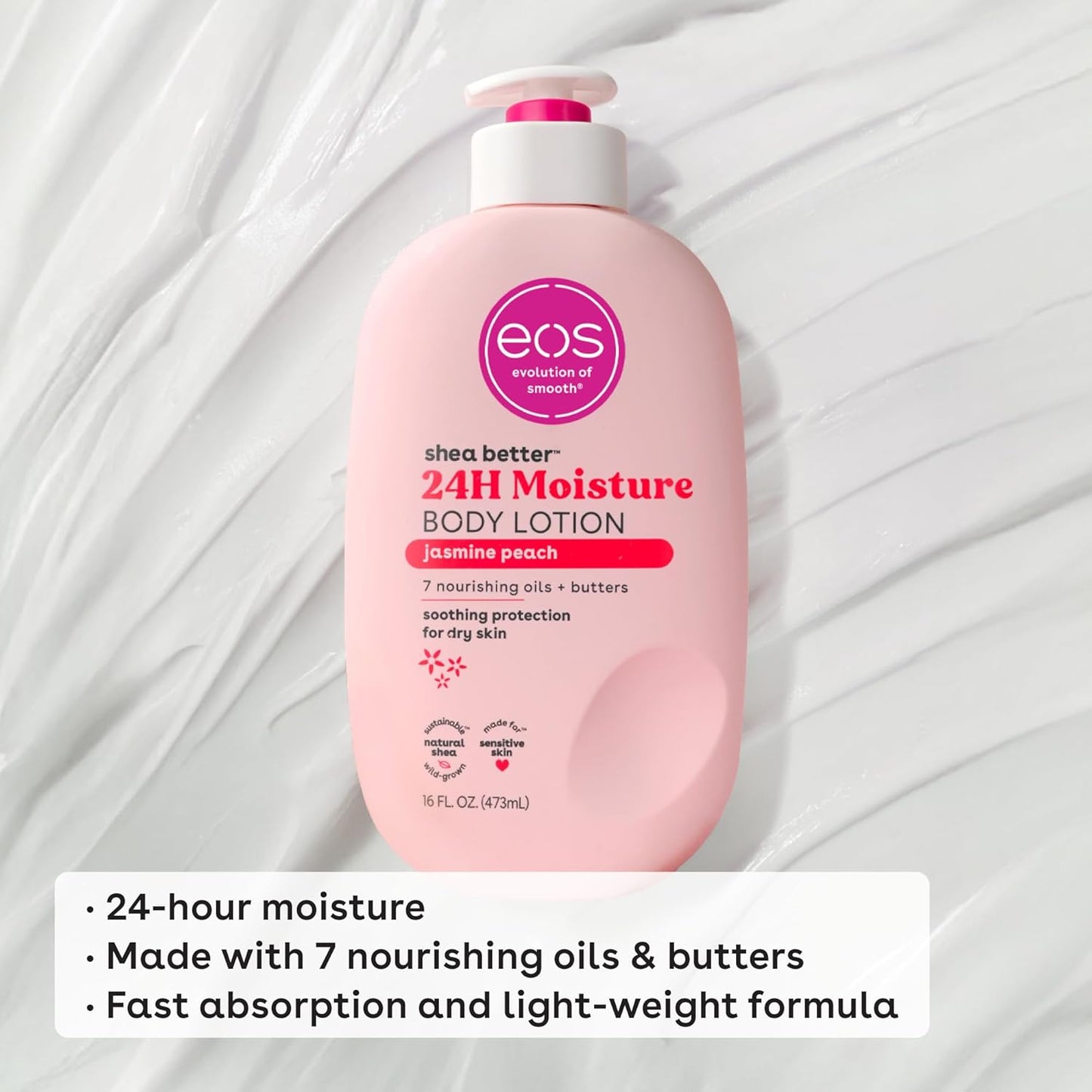 eos Shea Better Body Lotion Jasmine Peach, 24-Hour Moisture Skin Care, Lightweight & Non-Greasy, Natural Shea, Vegan, 16 fl oz