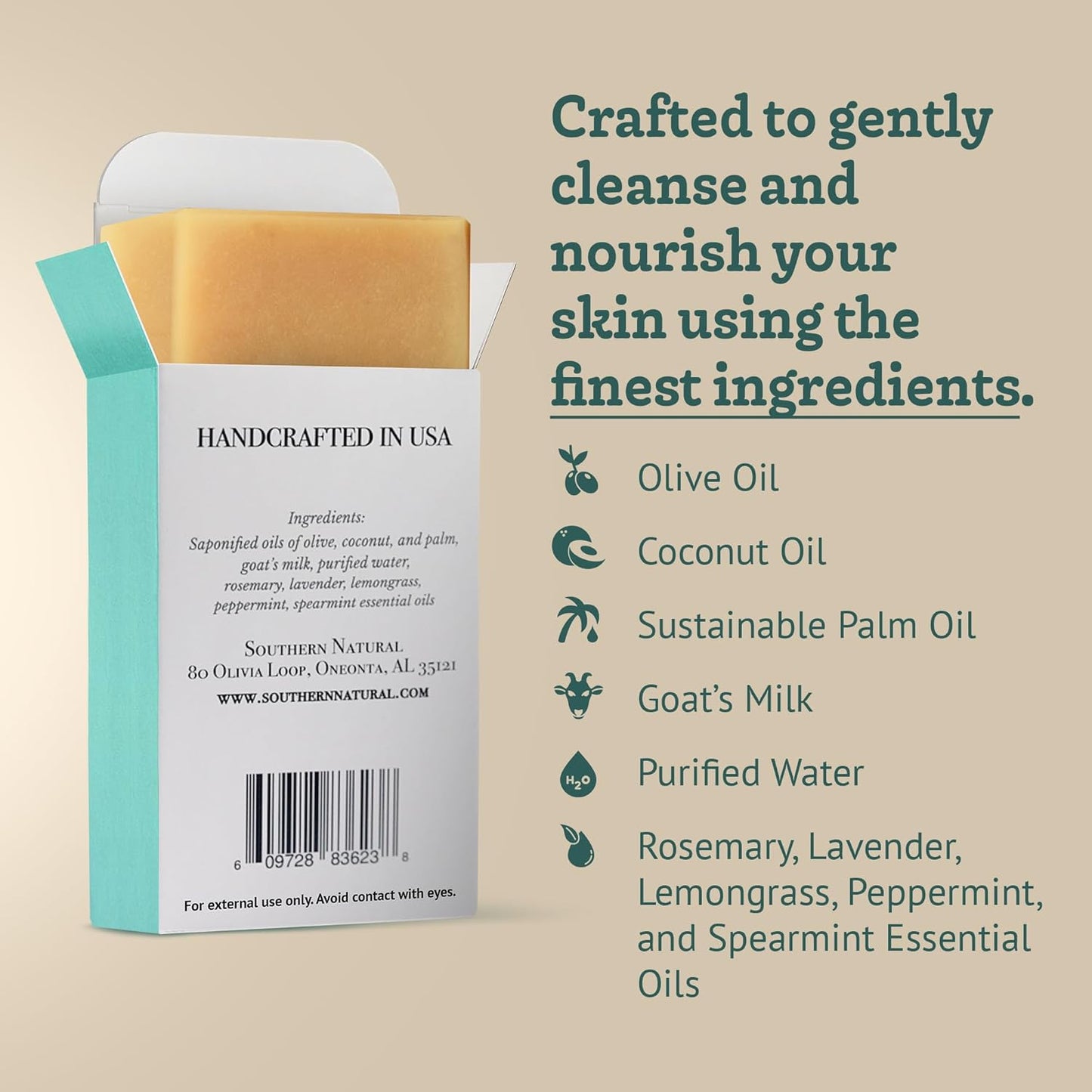 Southern Natural Goat Milk Soap Bar - 3 Pack Essential Oil Blend - For Dry Sensitive Skin. Natural Handmade Face & Body Soap For Men & Women. (Net 12 oz)