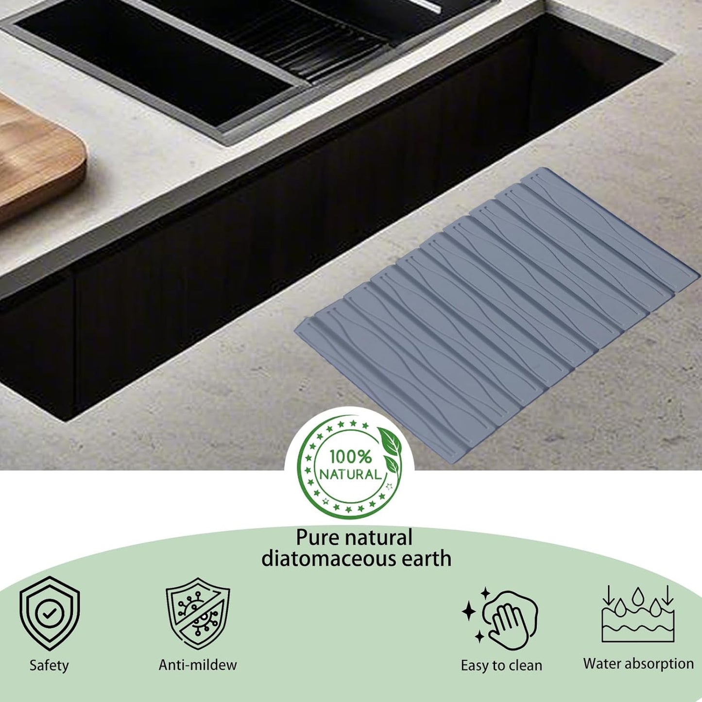 Dry Stone For Kitchen Sink and Collapsible Stone Mat Kitchen Drying Mat ,Foldable and Magical Mat Self Absorbing Mat For Efficient Kitchen Drying Rack,Dark Grey