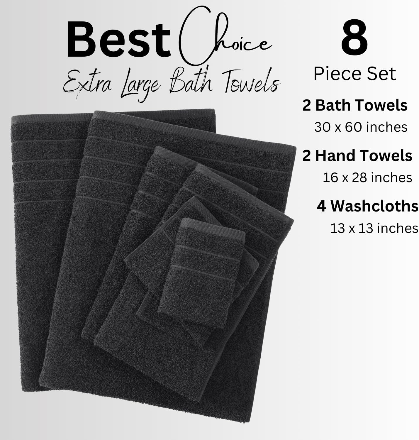 Casa Platino 100% Mercerized Cotton Luxury Bathroom Towels Set - 8 Piece - Ring Spun Technology - 2 Bath, 4 Washcloths, 2 Hand Towels - Remains Soft & Absorbent Even After Multiple Washes - Black