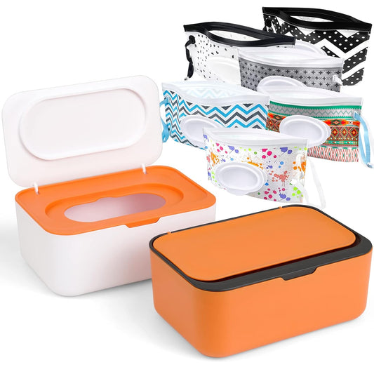 8Pcs Baby Wipes Dispenser, Reusable Baby Wipe Holder Box and Portable Wet Wipes Pouch, Refillable Wipes Pouch Case Container with Lid for Bathroom Baby Nursery Kitchen Office Travel (Orange)
