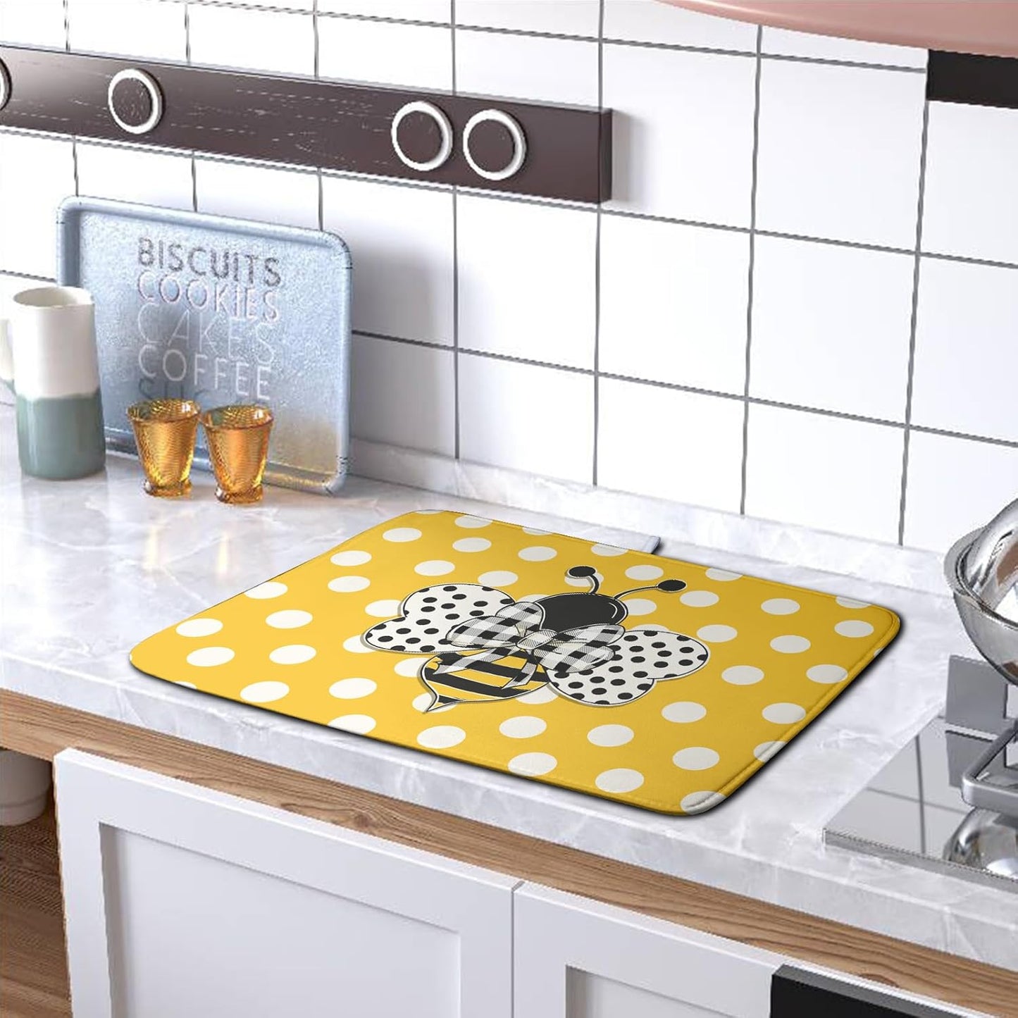 Bee Dish Drying Mat for Kitchen Counter 16x18 Inch Yellow Honey Bees Polka Dots Dishes Pad Cute Bumblebee Dish Draining Microfiber Absorbent Dish Drainer Rack Mat Medium Kitchen Accessories