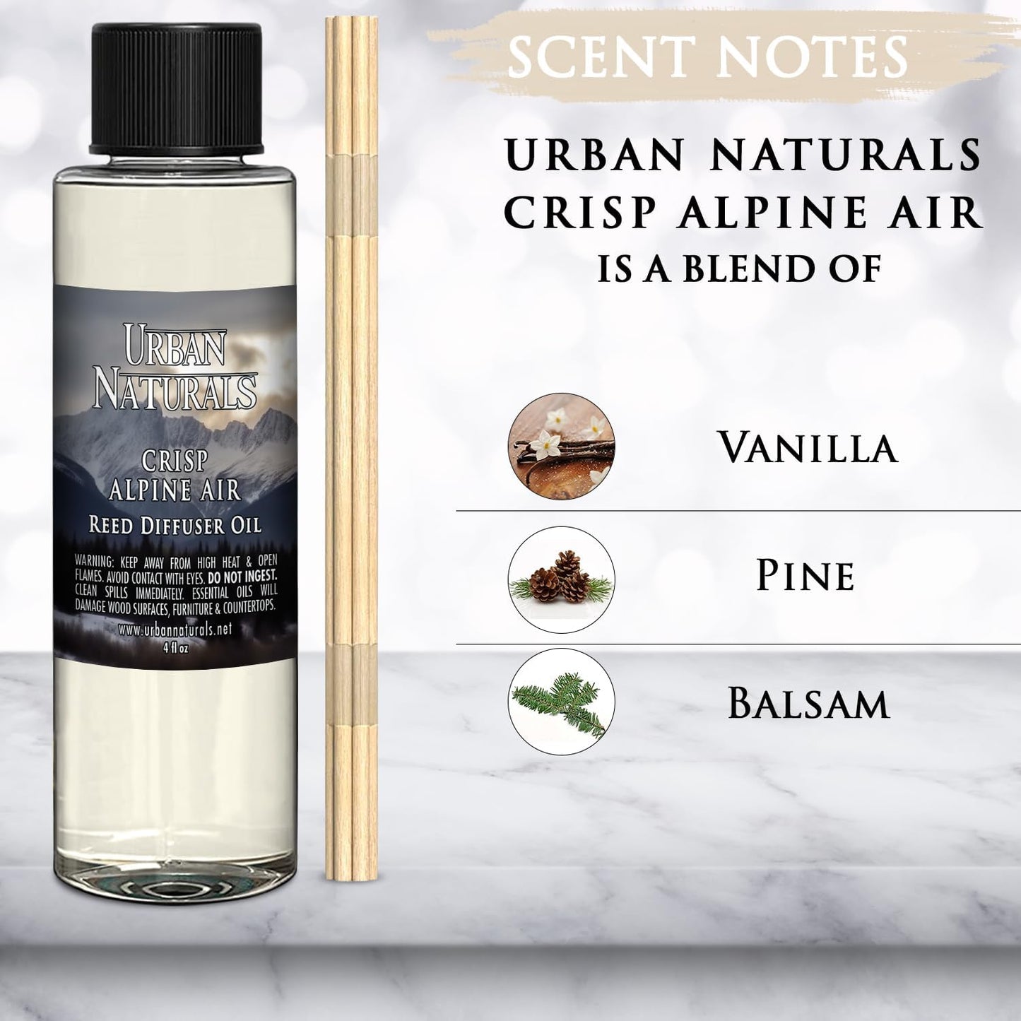 Urban Naturals Reed Diffuser Oil Refill, Crisp Alpine Air Diffuser Oils with Eucalyptus, Pine, Citrus, 4 oz + Free Reed Sticks, Made in The USA