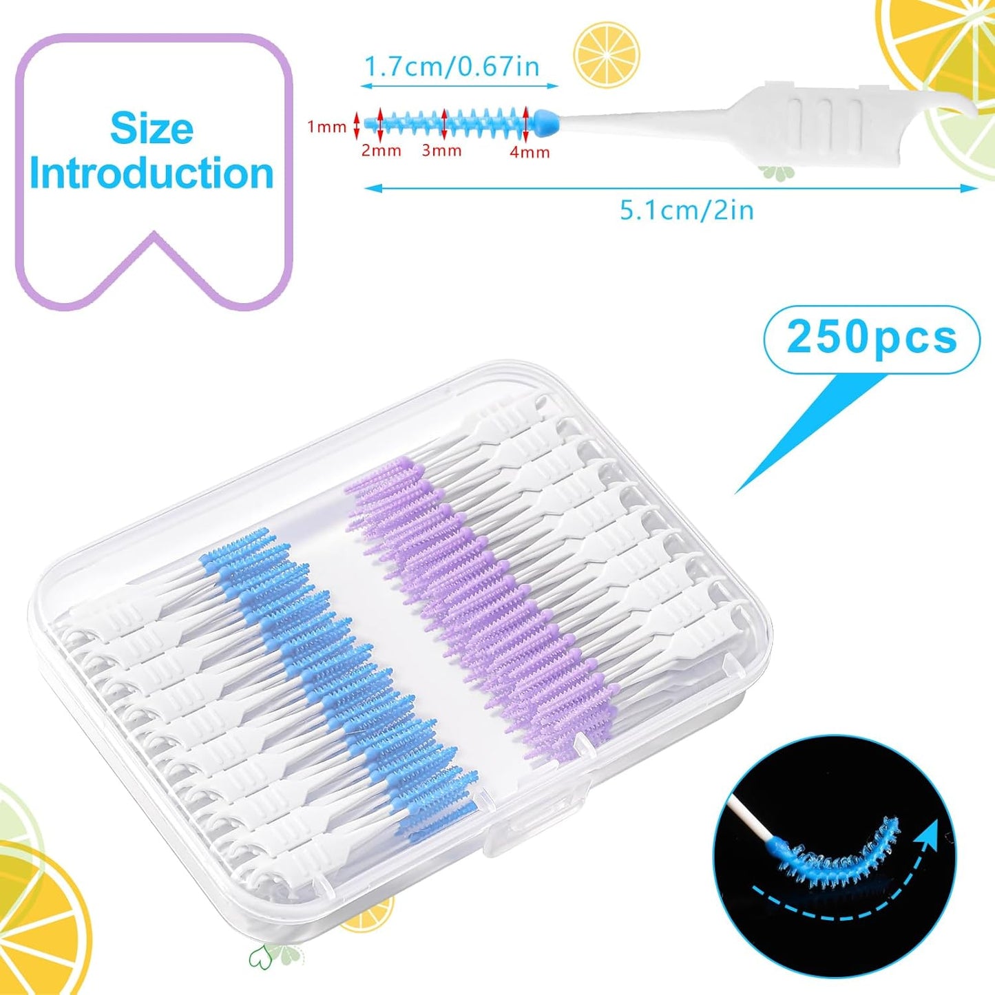 250 Pieces Interdental Brushes, Silicone Dental Floss Picks with Case Dental Brushes Dental Picks Tooth Floss Picks for Teeth Cleaning(Blue, Purple)