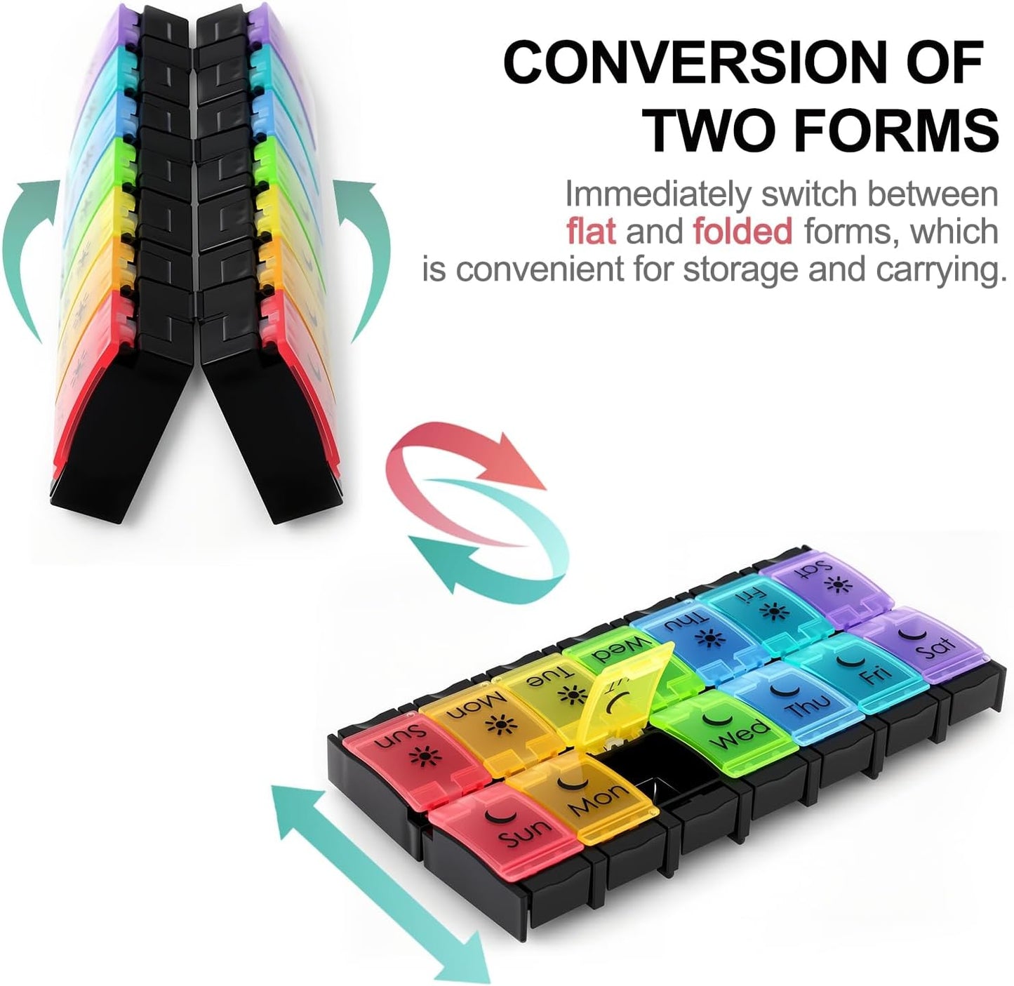 XL Large AM/PM Weekly Pill Organizer Arthritis Friendly, 2 Times a Day Pill Box with Spring Open Design, 7 Day Vitamin Case with Push Button Compartments (Black)