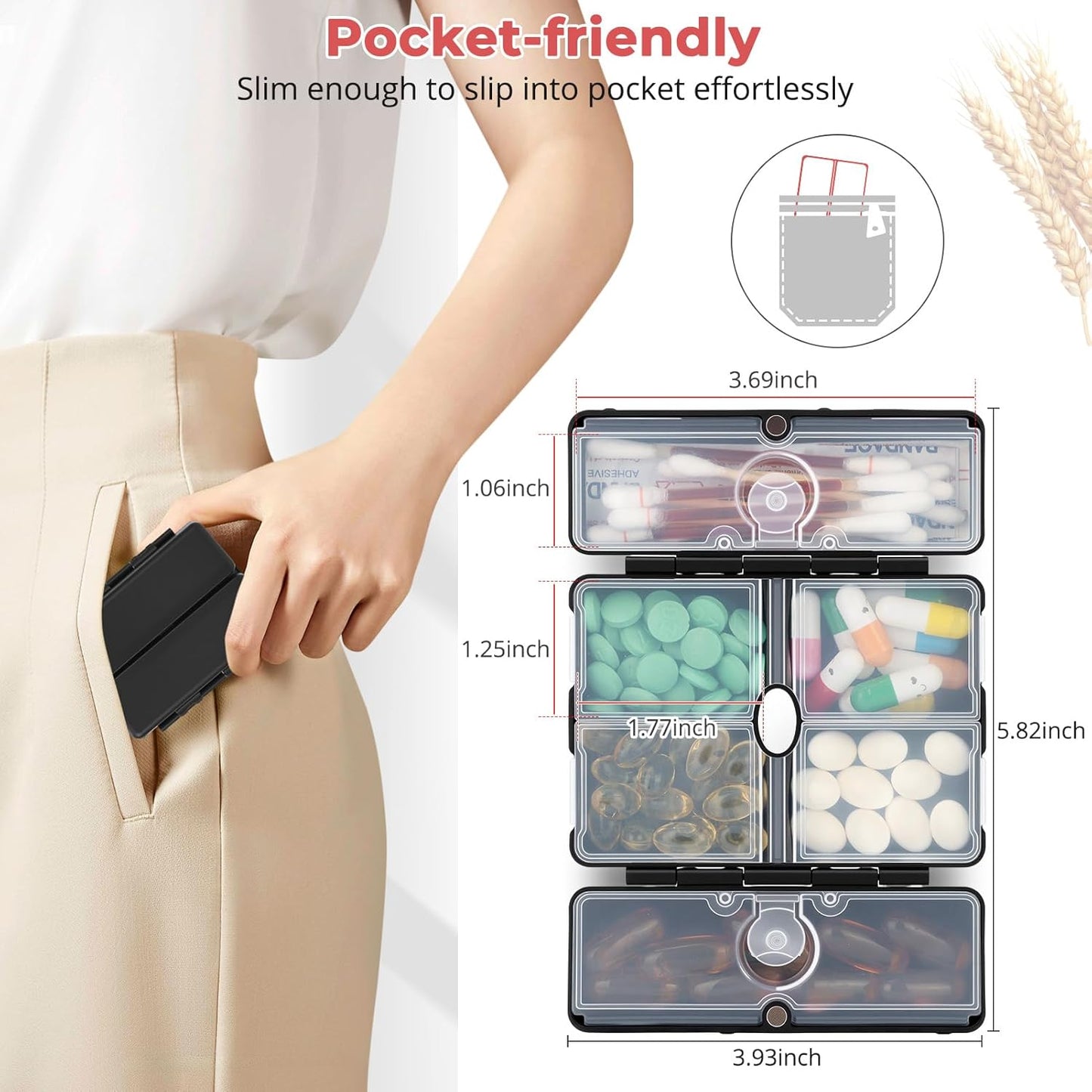 Zentiky Small Daily Pill Organizer with Labels, Medicine Pill Organizer Fit with Your Purse or Pocket for Travel to Hold Vitamin, Fish Oil, Supplement,Cotton Swabs, Bandages or Jewelry-Black
