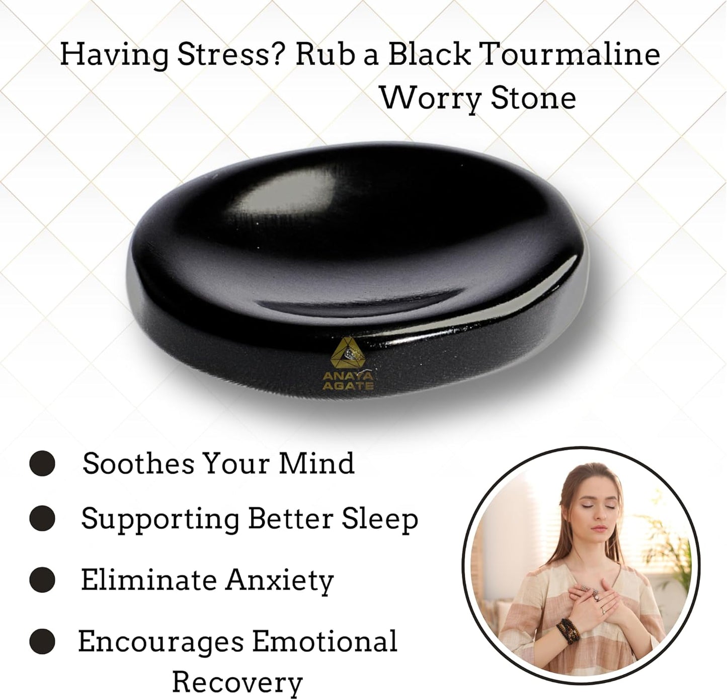Black Tourmaline Worry Stones – Crystal Thumb Worry Stone for Anguish, Stress – Relaxing & Soothing Balance Stones for Meditation, Relief – Healing Stones & Crystals for Men, Women