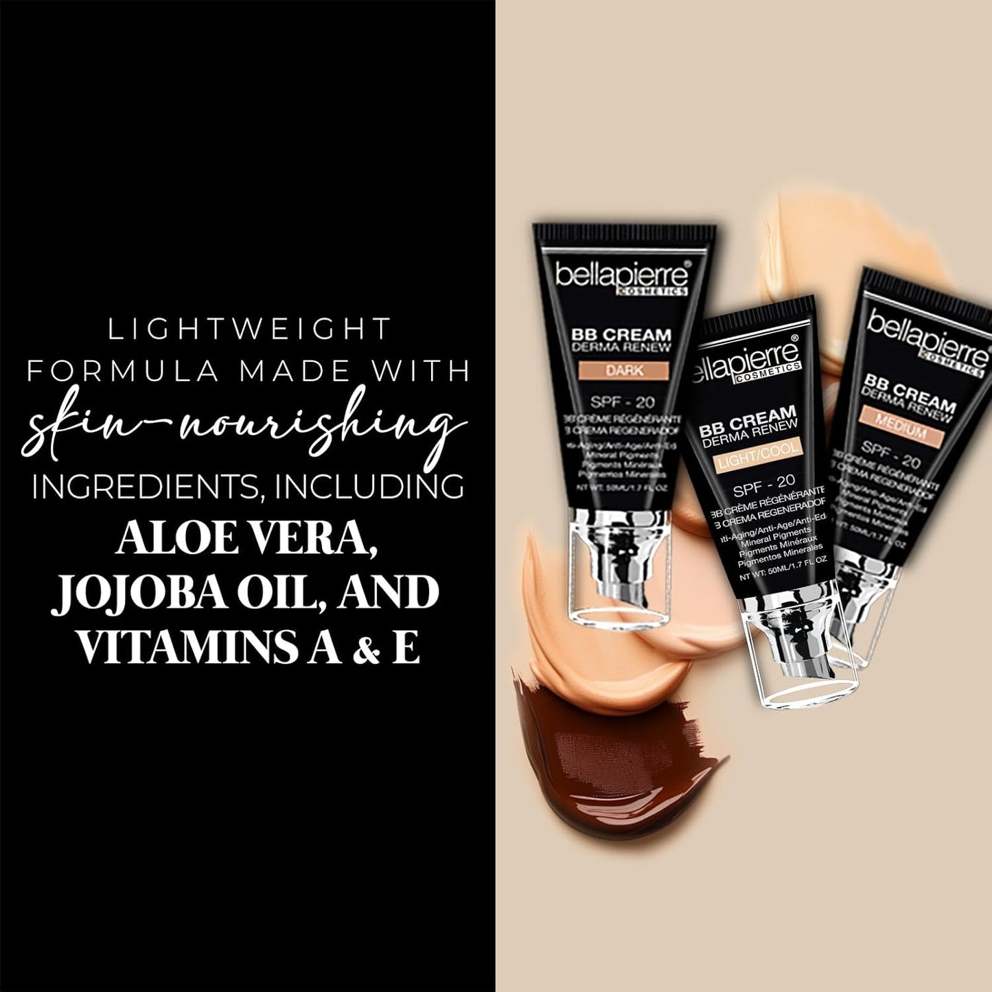 Bellapierre BB Cream SPF 20 – Mineral Sunscreen & Liquid Foundation, Lightweight Face Moisturizer with Buildable Coverage, Matte Finish, Non-Toxic, Paraben-Free, Cruelty-Free – 1.7 oz - Dark