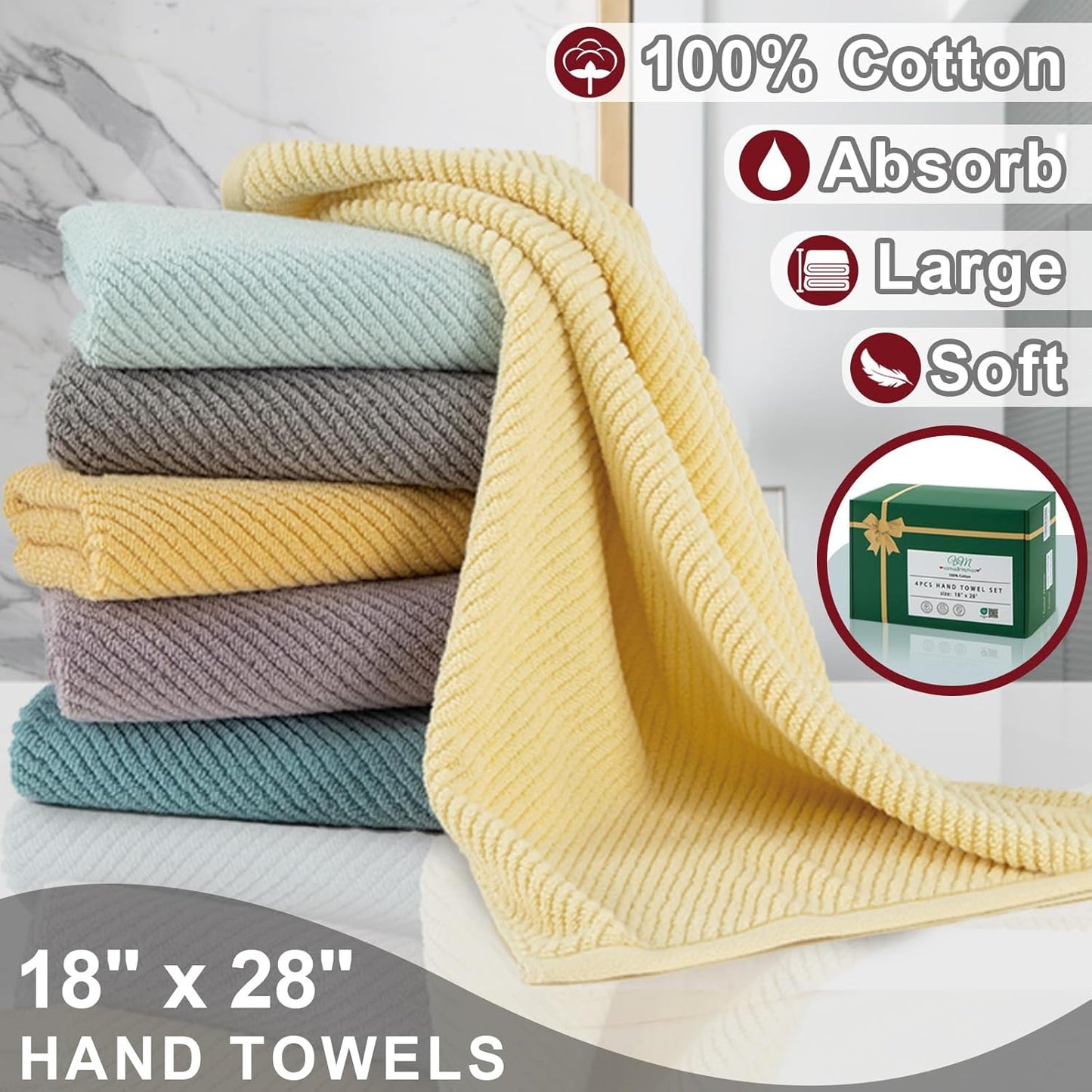 VOOVA & MOVAS Hand Towels for Bathroom Set of 4, Large 18" x 28" - 100% Cotton | Lightweight | Thick | Quick Dry | Soft | Absorbent, Bath Hand Towels for Showering, Bathroom Essentials, Burgundy Red
