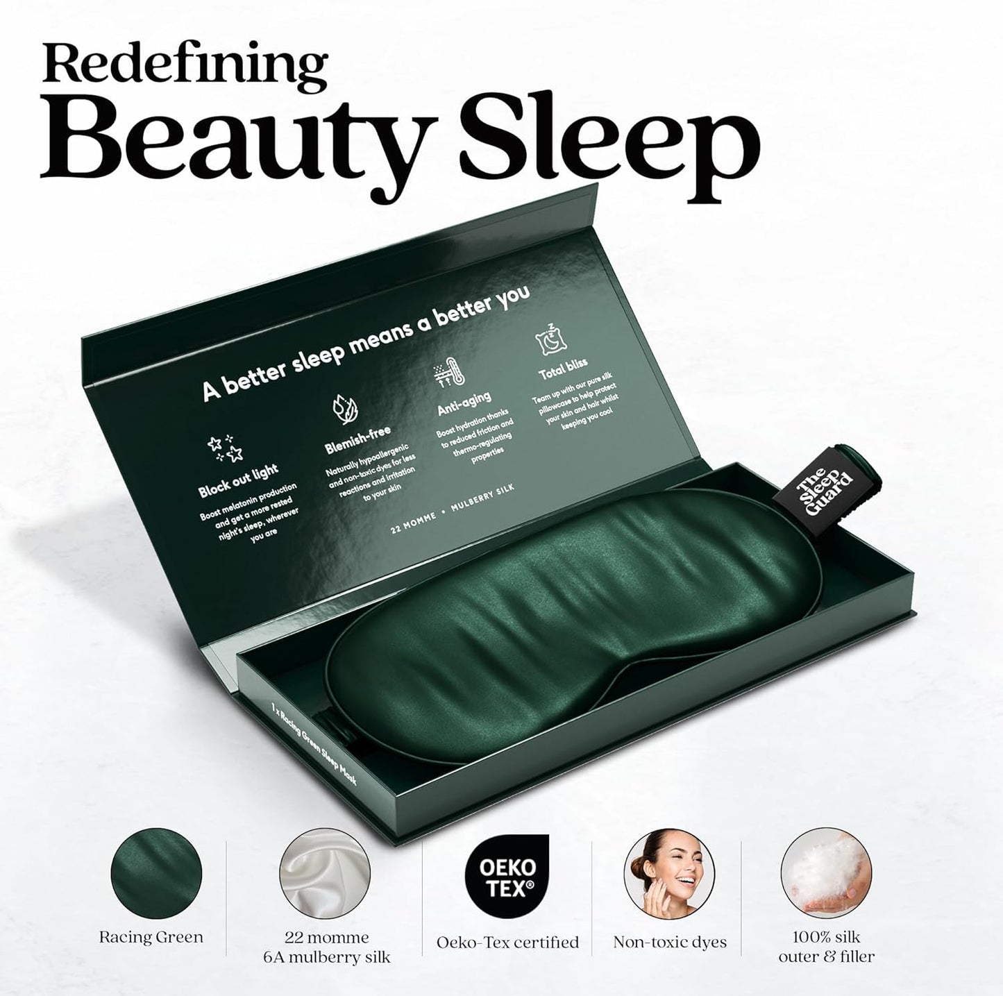 TheSleepGuard Pure Silk Sleep Mask [100% 6A Mulberry Silk, 22 Momme] Light Blocking Travel Essentials. Eye Masks for Sleeping. Black Oeko-Tex Blindfold. Eye Covers for Men & Women