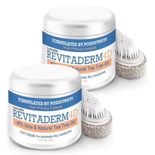 Revitaderm 4D Urea Cream 40% for Feet, Intensive Moisturizing Foot Cream for Dry, Rough, Callused Skin, Includes Free Pumice Stone and Exfoliating Brush, Fast-Absorbing, Fragrance-Free, 4oz, 2 Pack