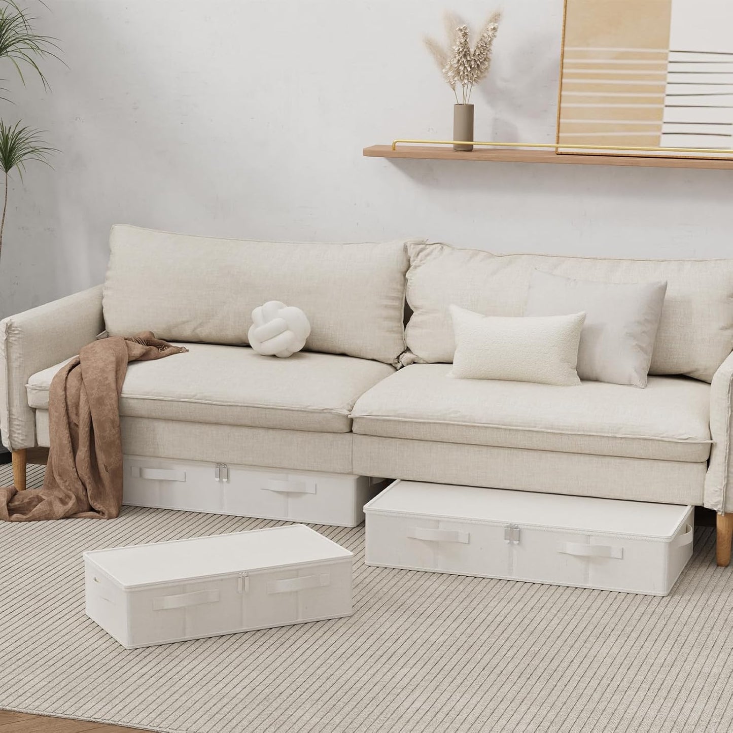 Underbed Storage Box Organizer, Foldable Under Bed Clothes Bags Container, Flat Bins with Lid for Organizing Clothes, Sheets, Blankets, Comforter, 23.6x11.8x5.9in, Beige, 3 Pack