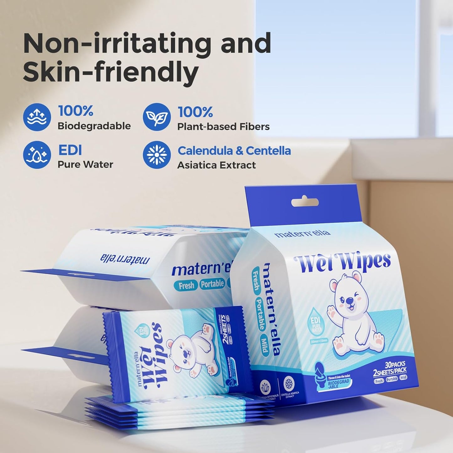 MATERN'ELLA Pocket Butt Wipes, On-The-Go, Calendula & Centella Asiatica Extract & Flushable Wipe, Fragrance free & Extra Large, Septic and Sewer Safe, Total 60 Wipes