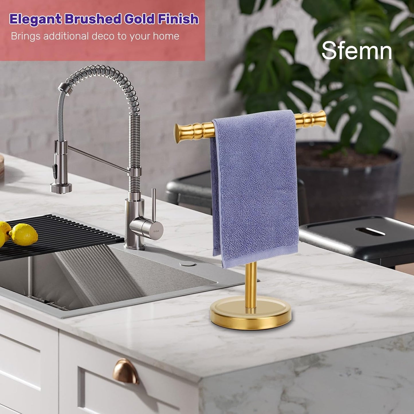 Gold Hand Towel Holder Stand for Bathroom Vanity Countertop SUS304 Stainless Steel T-Shape Free Standing Towel Rack Stand Towel Bar for Bathroom Kitchen