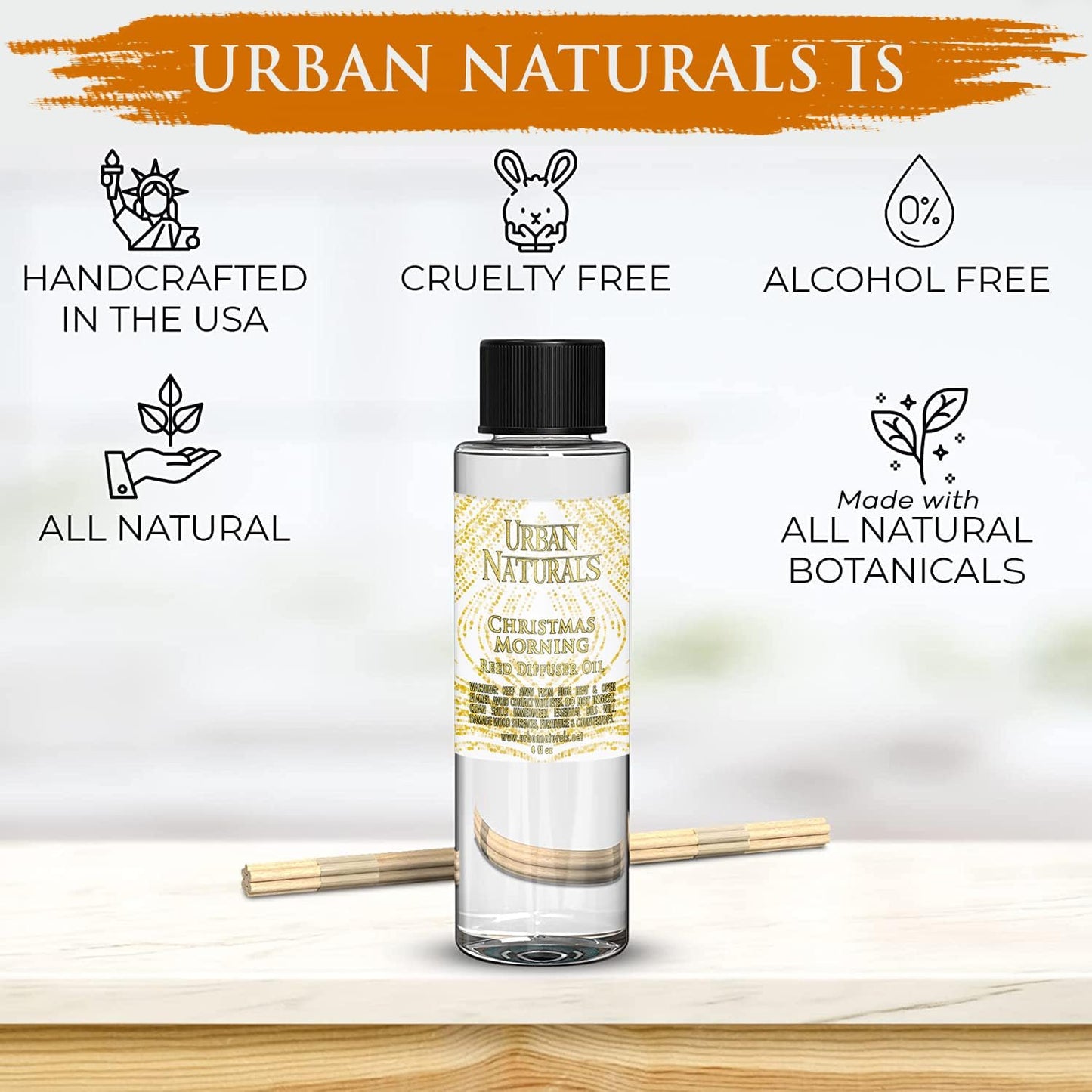 Urban Naturals Reed Diffuser Oil Refill Christmas Morning, Rosemary, Eucalyptus, Balsam Spruce, Orange, Essential Oils, 4 oz + Free Reed Sticks, Made in The USA