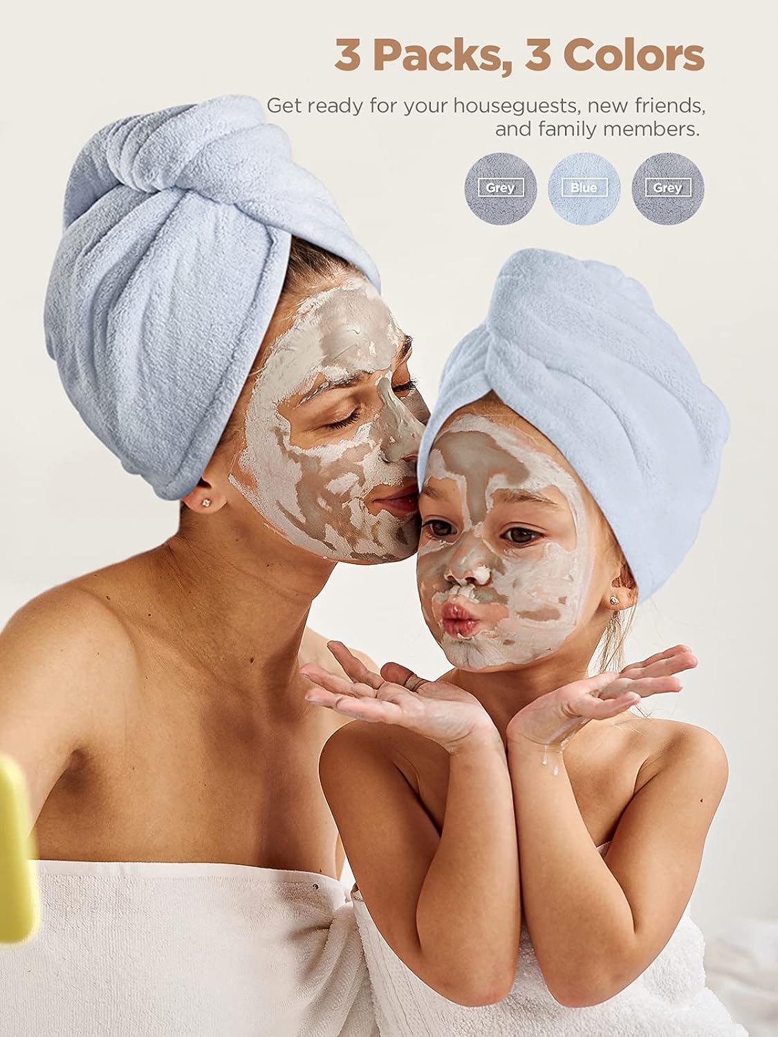 Hicober Microfiber Hair Towel, 3 Packs Hair Turbans for Wet Hair, Drying Hair Wrap Towels for Curly Hair Women Anti Frizz (Grey,Blue,Grey)