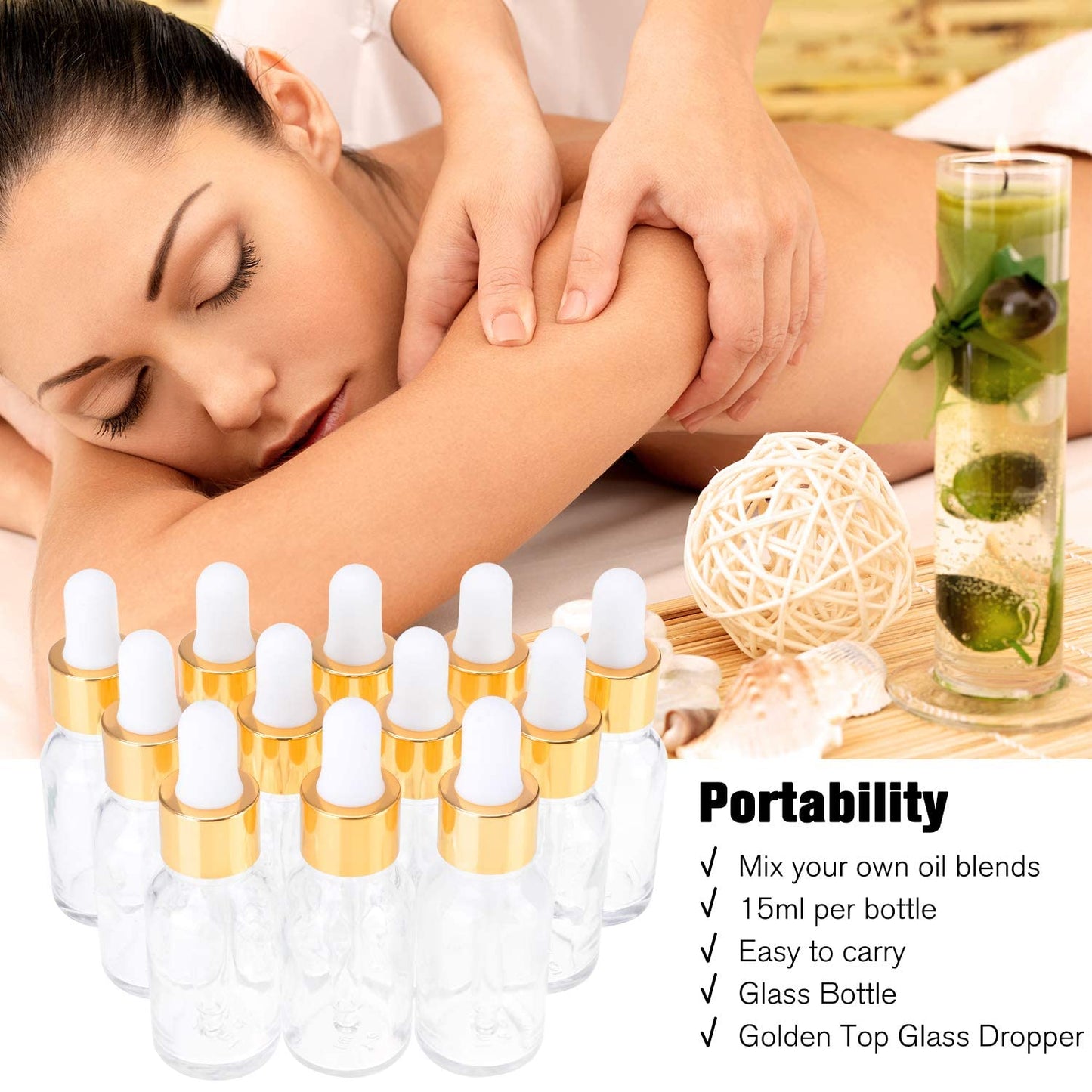 PrettyCare Glass Eye Dropper Bottles 24 Pack, 0.5oz (15ml) Clear Empty Thick Bottles Bulk with Leakproof Golden Caps - With Labels & Funnels for Storage, Travel, Essential Oils, Cuticle, Tinctures