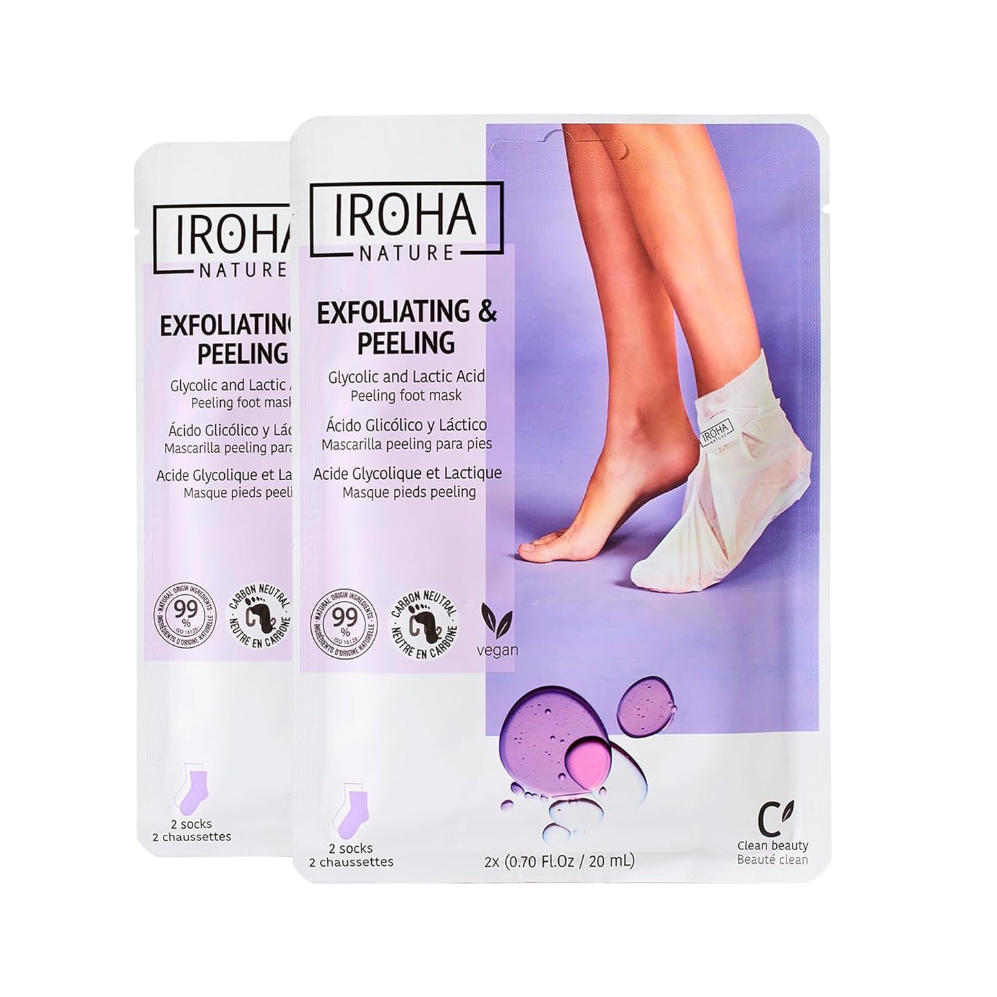 IROHA NATURE Exfoliating Foot Peeling Socks | 2 Pairs (2 Uses)| With Glycolic, Lactic, Salicylic Acids & Lavender | Intensive Treatment for Callused, Dry & Cracked Feet | Vegan Formula