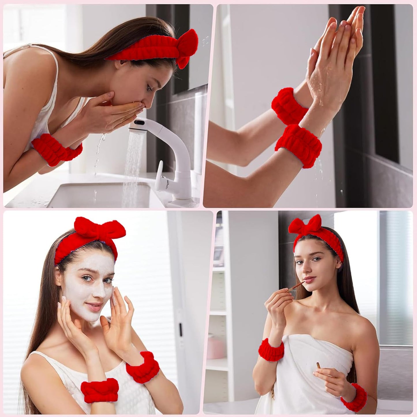 16pcs Skincare Headband Set, Headband Set for Face Washing Spa and Makeup, Including 1 Hairband, Wristband, 3 Hair Claw Clips and 10 Hair Ties, with Box, Gift for Women and Girls, Red