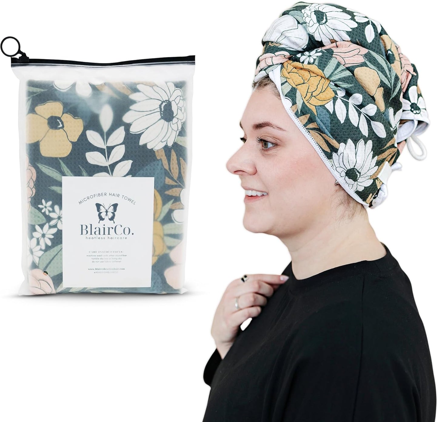 Dark Floral Microfiber Hair Towel Wrap for Women: Quick Dry, Anti-Frizz Hair Drying Towel for Long, Curly, or Wet Hair. Soft Turban Hair Wrap for Shower, Spa & Travel