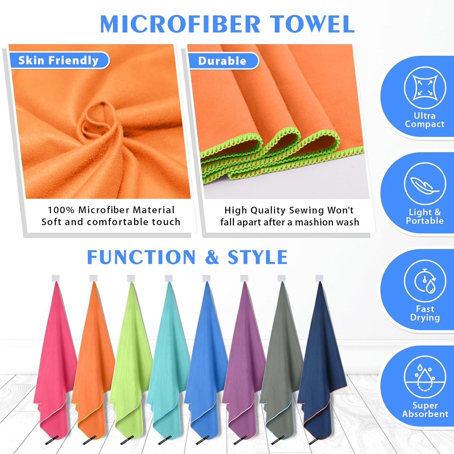 HOEAAS 2 Pack Microfiber Camping Towels, Quick Dry Towel, Super Absorbent Ultra Compact Travel Towel Soft Lightweight Sports Towel for Sweat Fast Drying Towels for Pool,Gym,Hiking,Backpacking,Fitness