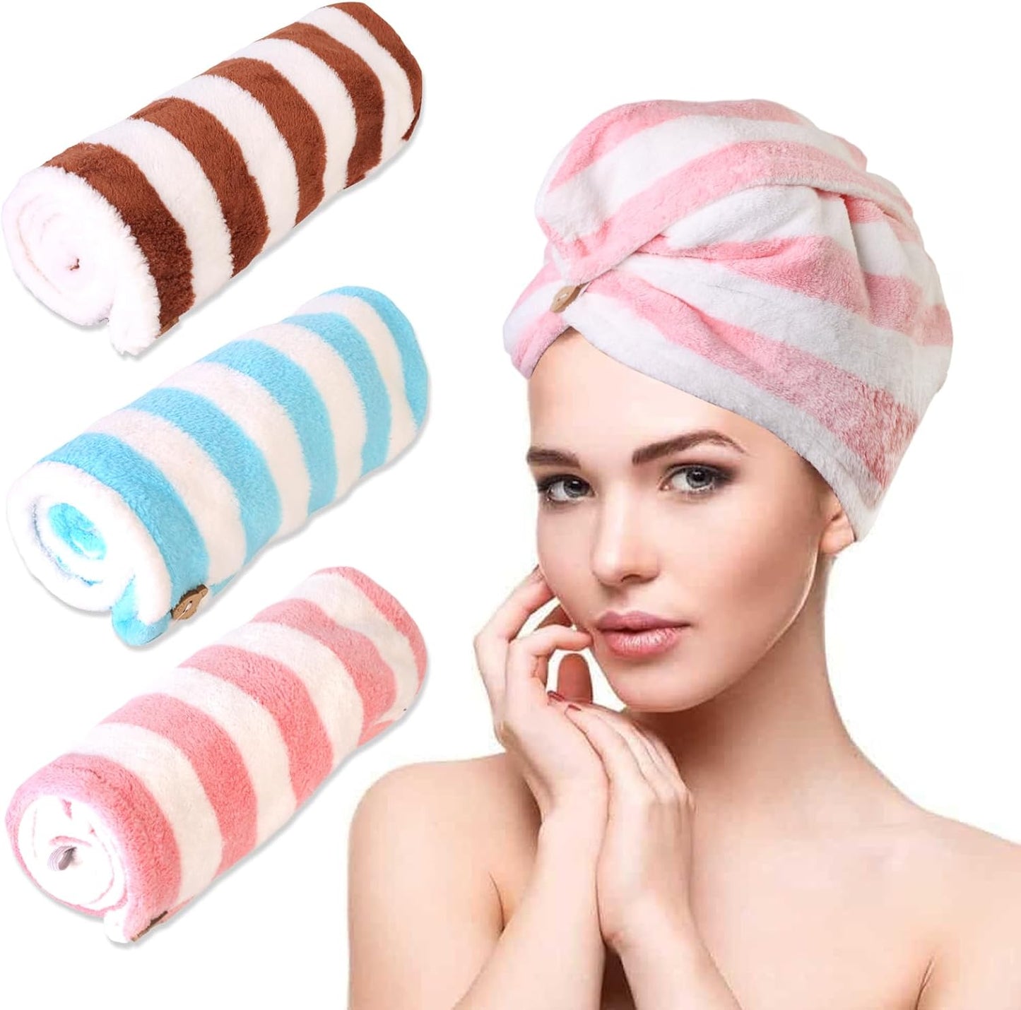 Hair Drying Towel 3 Pack - Ultra Soft Microfiber Turban Twist Hair Wrap for Women - Super Absorbent, Quick Dry Hair Towel Cap for Wet Hair (3 Colors,Striped)