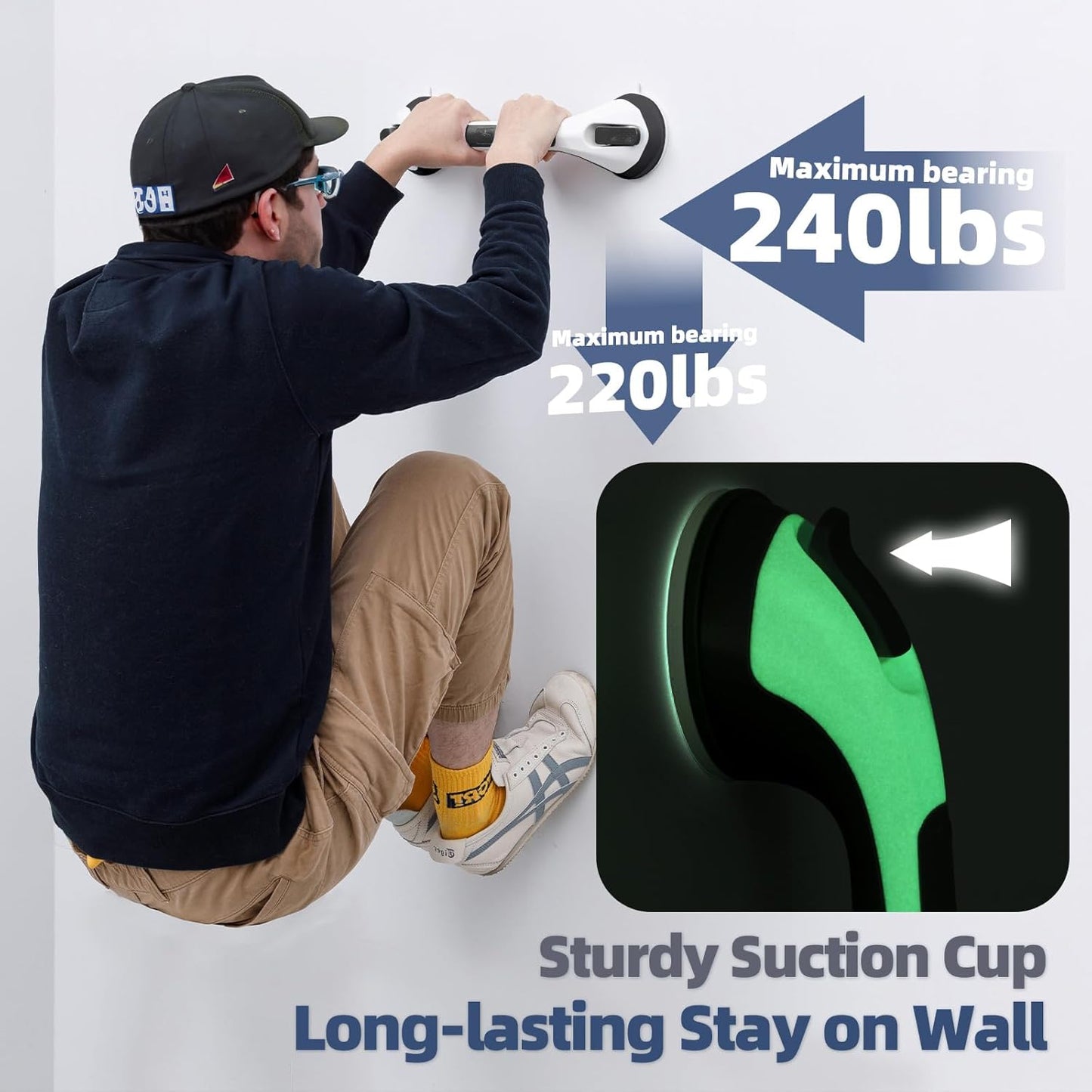 Grab Bars for Bathtubs and Showers Glow in The Dark, 17 inch Suction Grab Bar, Shower Handle Safety Grip Handrail for Seniors and Elderly, Removable Waterproof No Drilling, Black