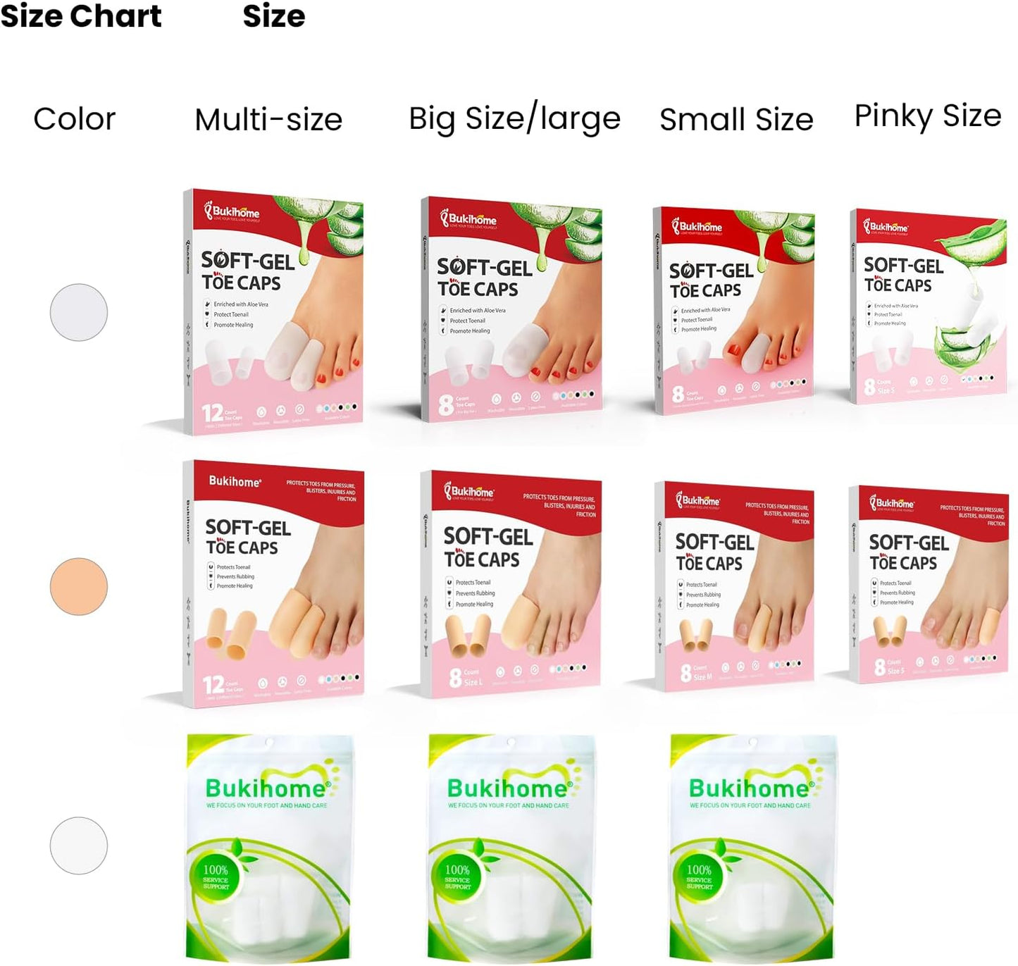 Bukihome Silicone Toe Protectors - 12 Pack Gel Toe Sleeves Toe Protectors - Toe Caps with Aloe Vera Essential Oils - Toe Cushions for Pain Relief, Toe Protection for Corns, Calluses (8L + 4S)