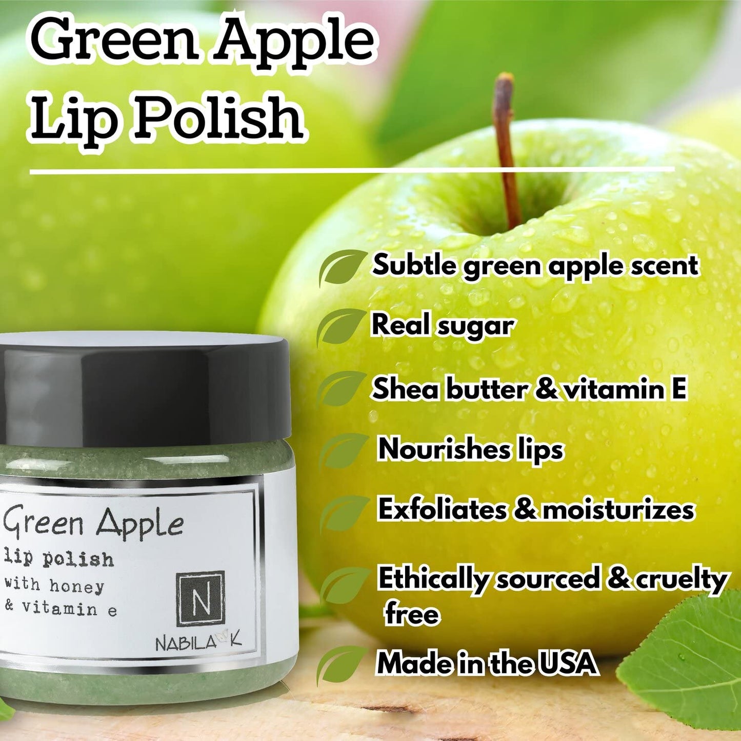 Green Apple Lip Polish, 1 oz by Nabila K - Hydrating Lip Exfoliator & Moisturizer with Honey and Vitamin E for Dry and Chapped Lips - Cruelty-Free, Real Sugar, Made in USA