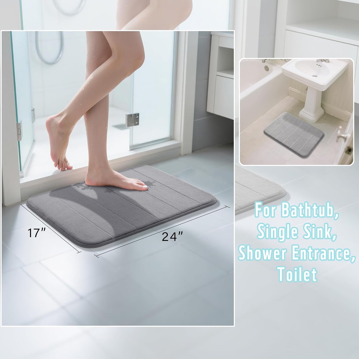 Yimobra Memory Foam Bath Mat, Super Soft Absorbent Bathroom Rug Non Slip 24x17 Inch, Quick Dry, Machine Washable Floor Carpet for Tub Shower, Home Decor Accessories, Gray