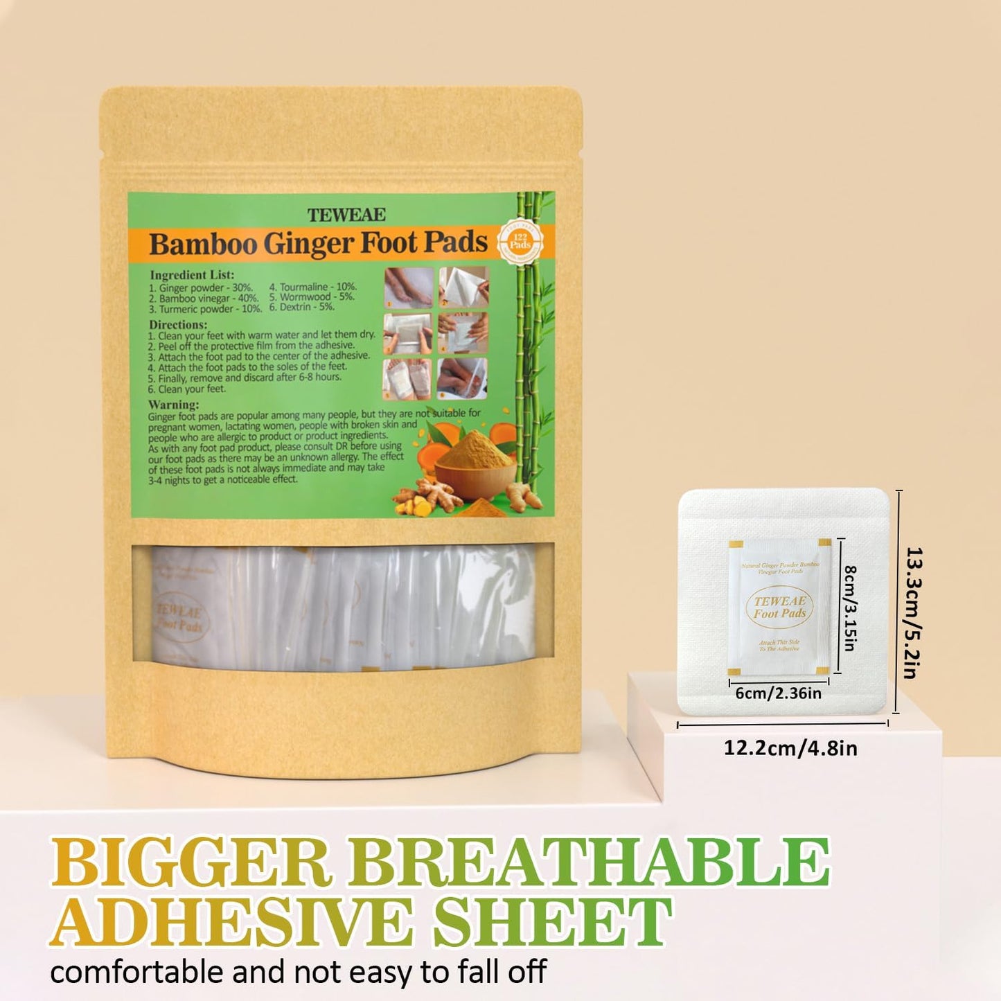 122 Pads Foot Pads Natural Turmeric & Ginger, Wormwood, Bamboo Vinegar, Included 122Pads Goodnight Patches and 122 Adhesive Sheets
