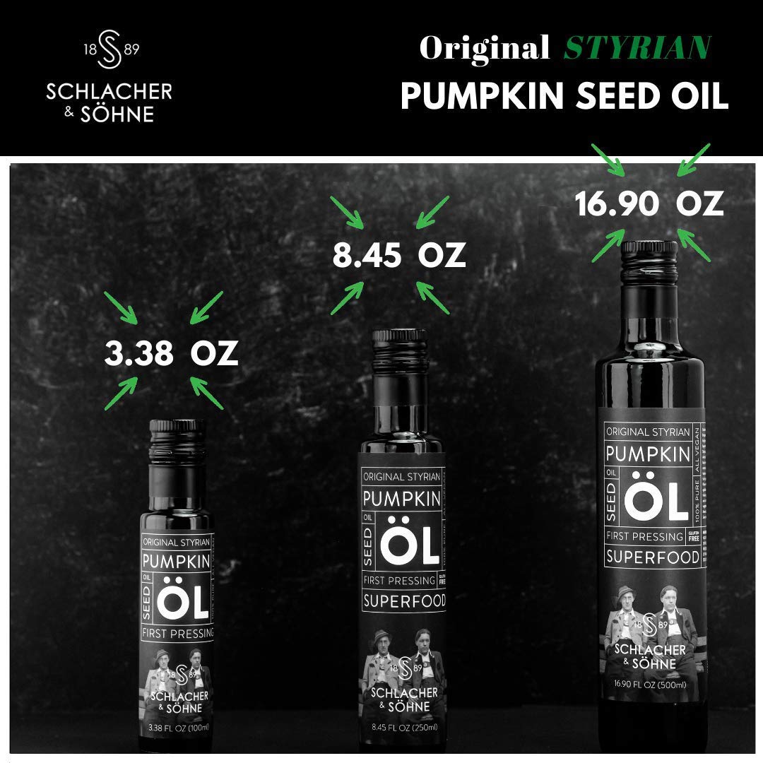 Schlacher & Söhne Styrian Pumpkin Seed Oil: 100% Pure, Cold Pressed, Non GMO, Gluten Free, Vegan, May Helps in Hair Growth, Made in Austria (8.4 FL OZ of 250 ml)
