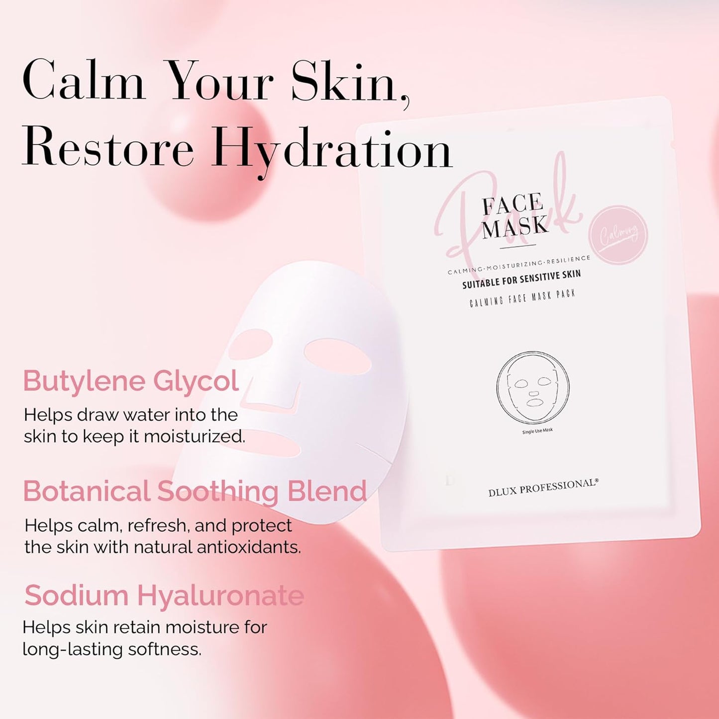 DLUX PROFESSIONAL Calming Face Mask Pack - 10 Pcs Calm Irritated Skin, Treats Dry and Dull Skin, Natural Radiance, Antioxidant Effects, Revitalize, Repair Mask, Anti-Aging