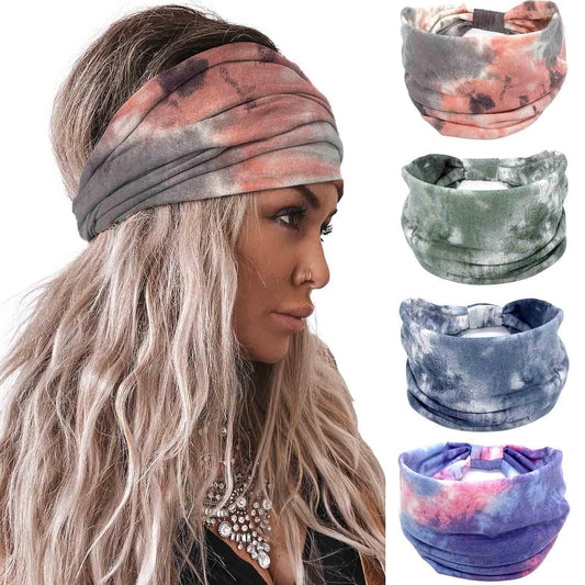 Acenail Wide Headbands Women Knotted Turban Headband Elastic Non Slip Hairbands Tie Dye Yoga Cotton Hair Scarfs Workout Boho Head Wraps Fashion Hair Accessories for Women 4Pcs(Tie Dye A)